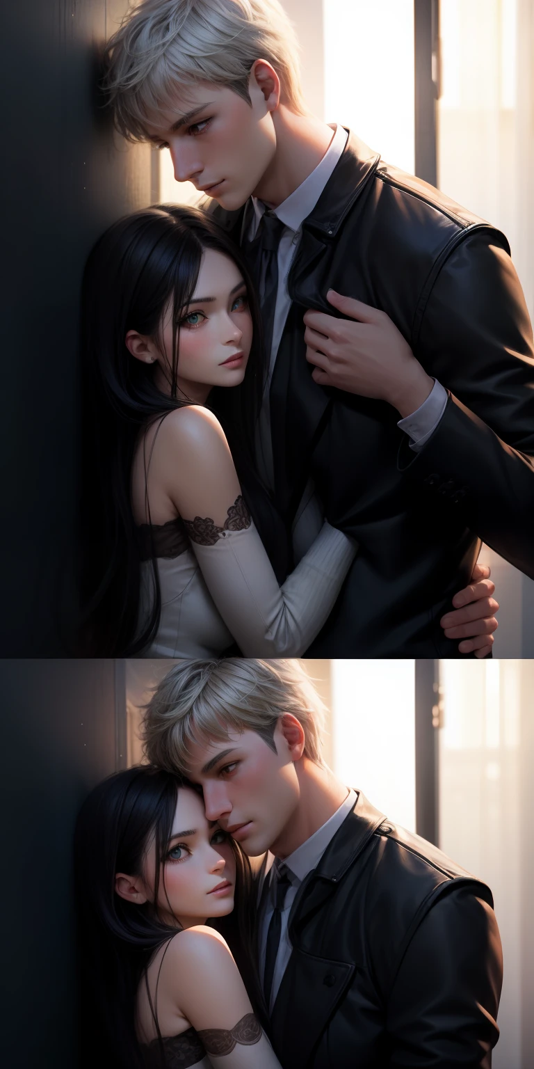 realistic. perfection, 1girl, long hair, black hair, red eyes, 1boy, short hair, white hair, green eyes, couple, hug around neck, romance,