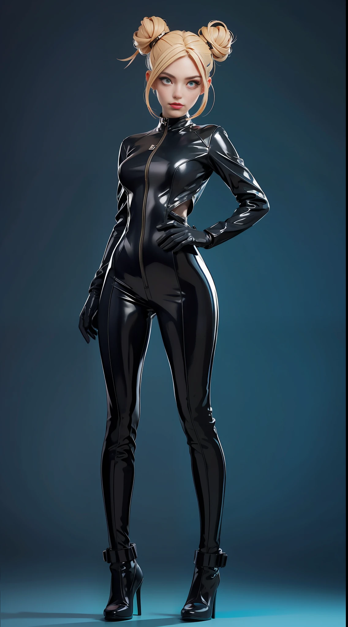 solo, super fine photo, full body portrait Unreal Engine 5 8K UHD of beautiful and cute girl, gorgeous, blonde bun style hair, black color scheme skin tight futuristic latex catsuit with short dress, zipless, latex glove, latex belts, cyberpunk design, futuristic female student, beautiful make up, cyan neon light details, best quality, masterpiece, official art, unified 8k wallpaper, super detailed, sharp focus, dynamic pose, body parts, no extra limbs, precisely anatomy