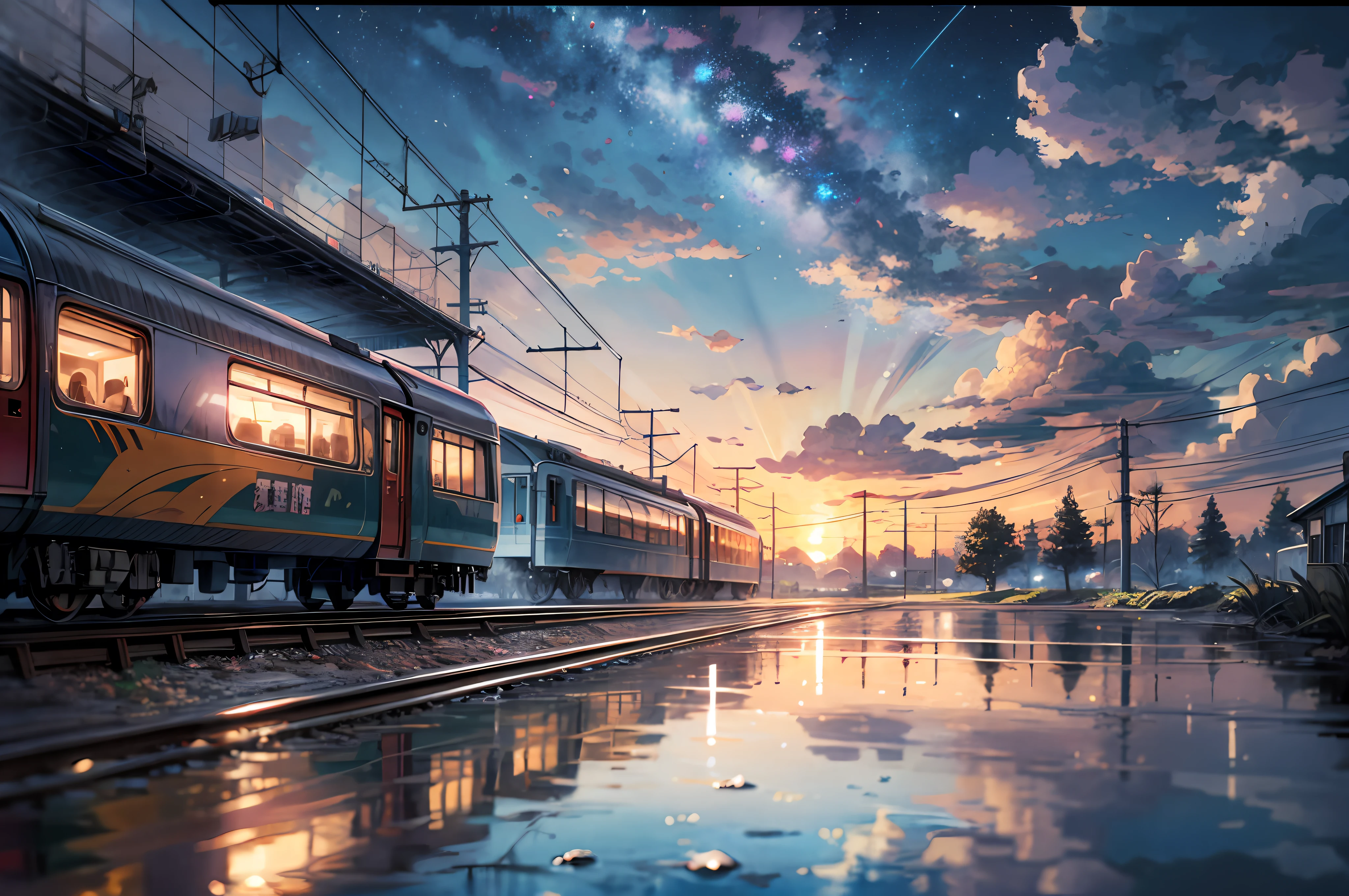 anime train on tracks with a sunset in the background, reflections. by makoto shinkai, beautiful anime scene, cosmic skies. by makoto shinkai, 4k highly detailed digital art, ( ( makoto shinkai ) ), makoto shinkai cyril rolando, inspired by Makoto Shinkai, style of makoto shinkai