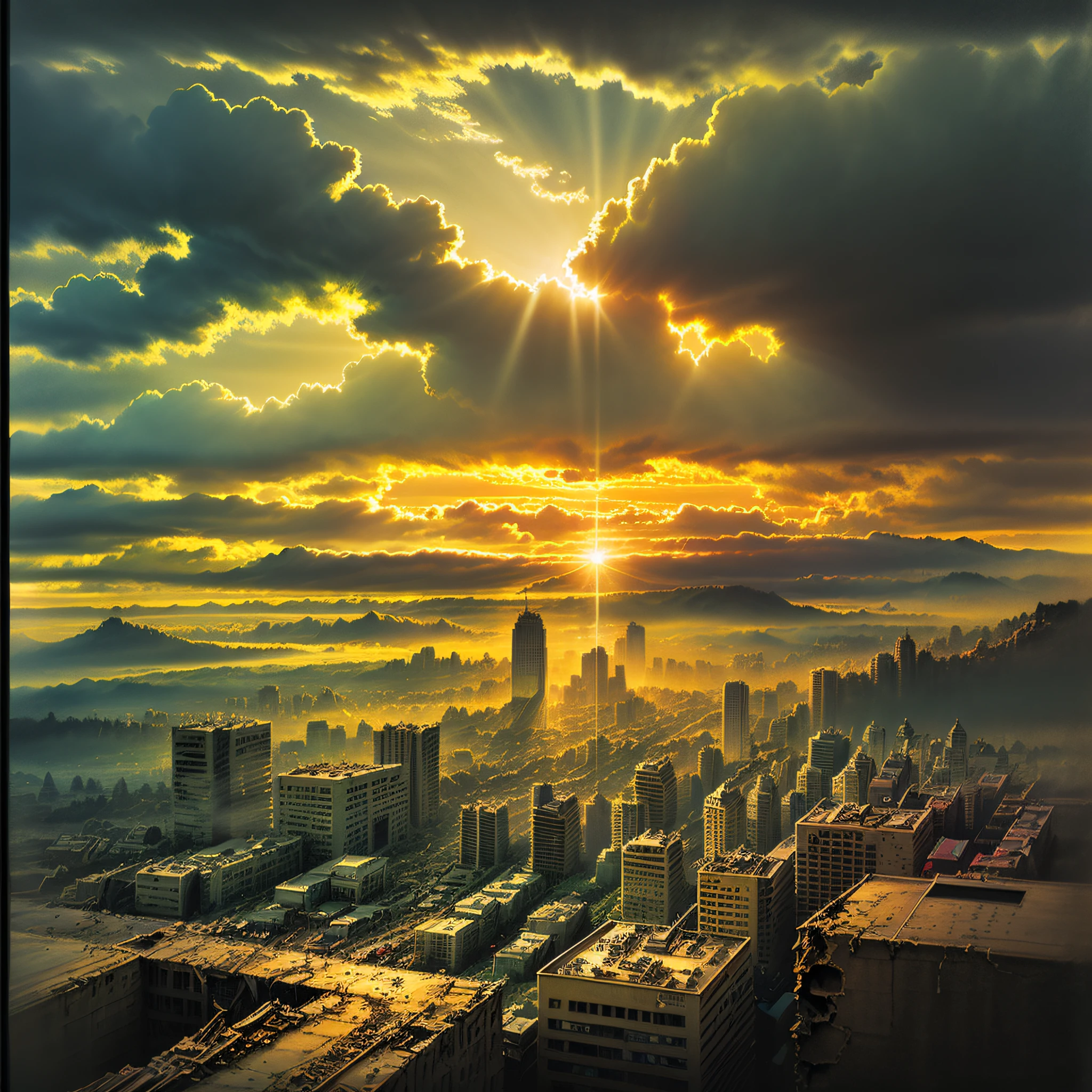 (Masterpiece),(maximum quality),(collage+old frame),(destroyed city),(apocalypse),(dark clouds),(strong sun),(grainy texture),(warm colors),(yellowish light),(high saturation)