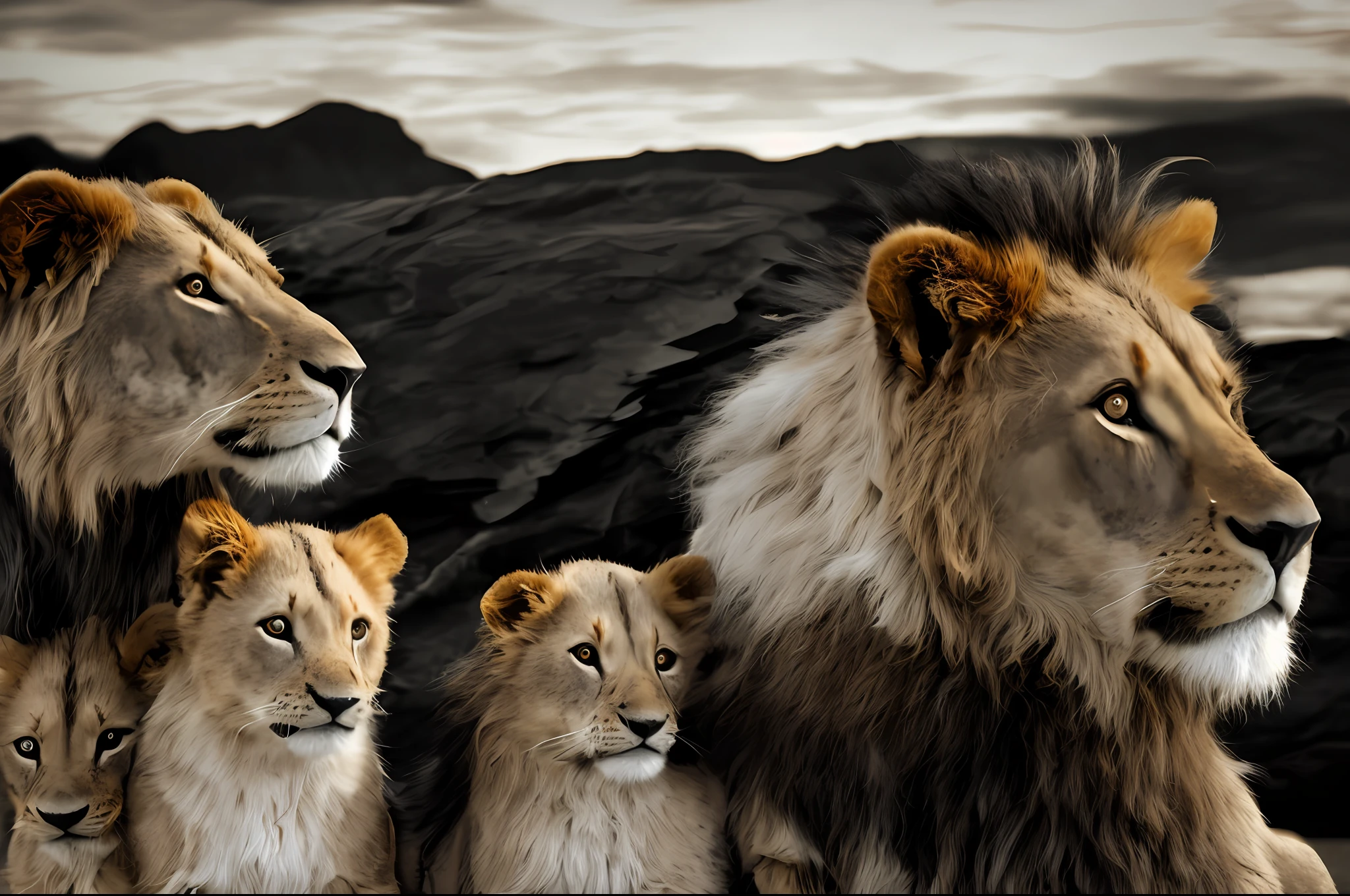 Black and white photograph of a family of lions, ((Realistic hair)), family portrait, lioness queen, lioness, ((lion without mane)))the lion king, proud look, by Mirabello Cavalori, by Tadashi Nakayama, by Micha Klein, high quality image, by Mirko Rački, fierce expression 4k, (black background), (black background), by Bernard D'Andrea, by Daniel Seghers, by Matija Jama
