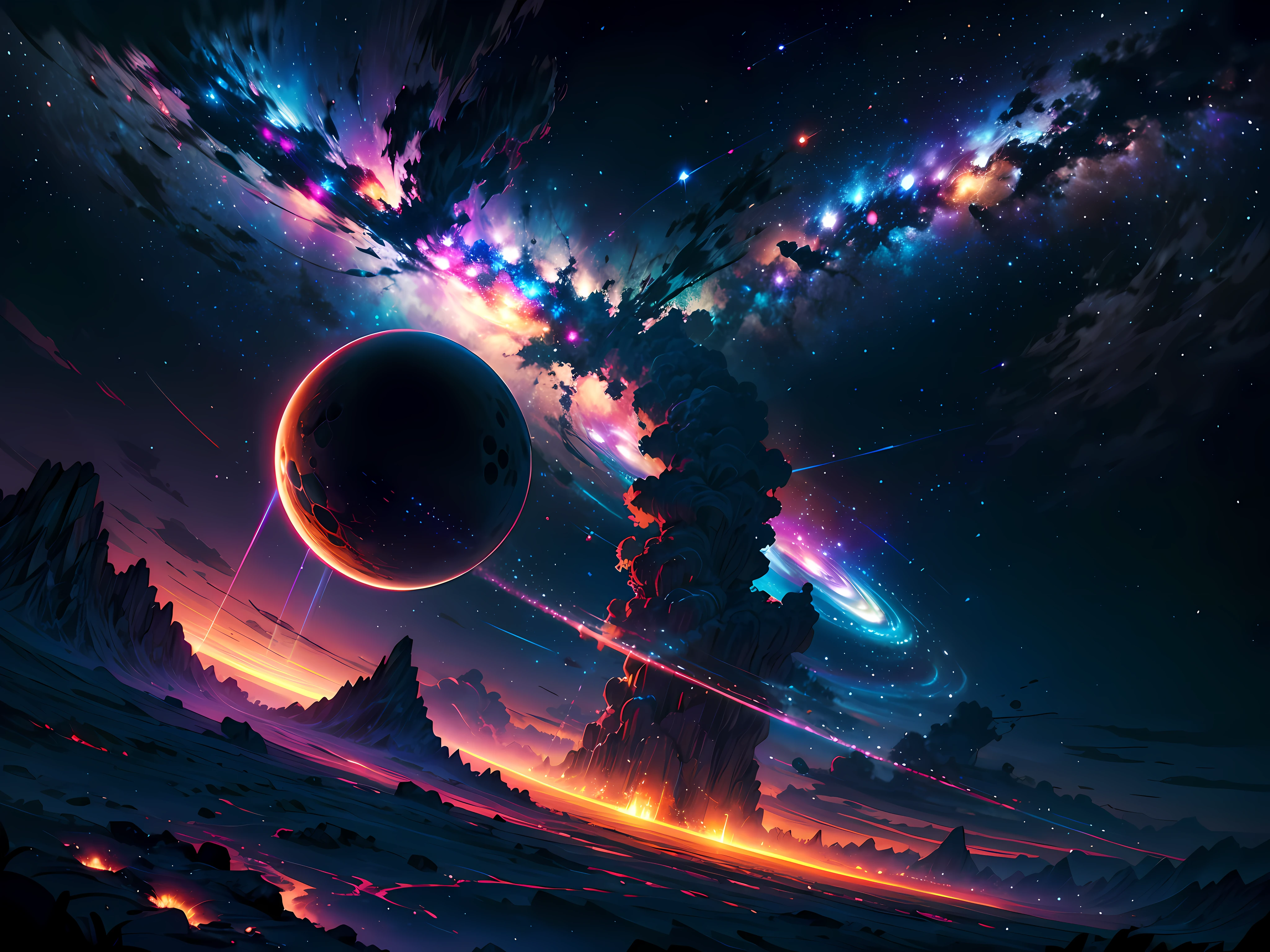 In the vast expanse of the cosmos, a breathtaking image unfolds before your eyes. In the heart of a starry galaxy, vibrant nebulae dance and swirl, their ethereal colors blending and intertwining. The scene is a symphony of cosmic beauty, with tendrils of interstellar dust and gas reaching out into the void. The stars shine with an otherworldly brilliance, illuminating the cosmic tapestry that stretches across the vastness of space. It is a visual feast for the senses, an awe-inspiring glimpse into the wonders of the universe. BREAK,Detailed,Realistic,4k highly detailed digital art,octane render, bioluminescent, BREAK 8K resolution concept art, realism,by Mappa studios,masterpiece,best quality,official art,illustration,ligne claire,(cool_color),perfect composition,absurdres, fantasy,focused,rule of thirds