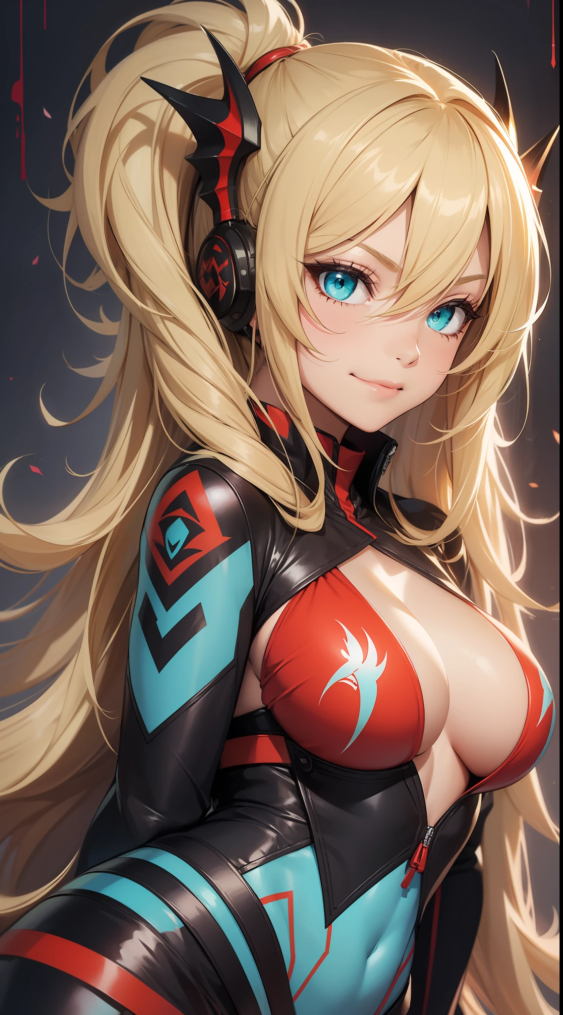 Young girl, long blonde hair, cyan eyes, red ninja shape, inner sideboob, dragon, smirk, masterpiece, high quality