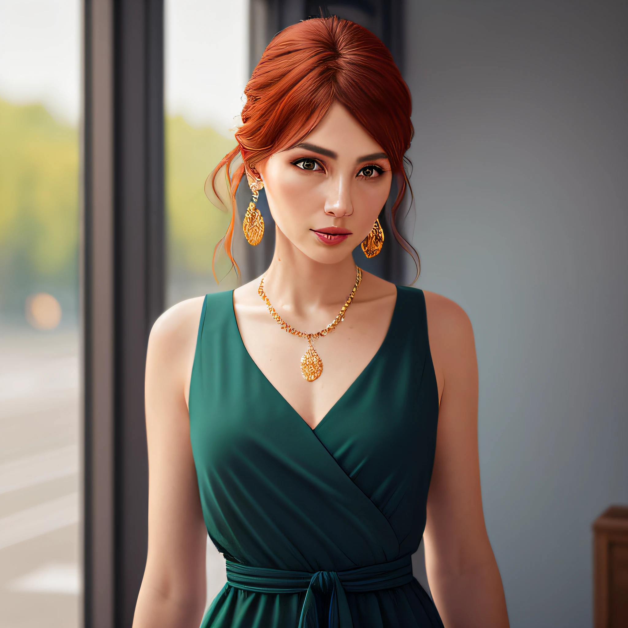 (((Front Facing View))),(Highly Detailed, HD)Woman, redhead, discreet black dress, highly detailed, leaking waist, contorted ponytail, charming expression, beautiful and green eyes, orange pupil, delicate necklace, delicate golden earrings, human ears, simple blurred background, description of extreme details, beautiful, charming, ultra-thin painting, delicate face, delicate figure, thin collarbones, beautiful lips, beautiful breasts, soft back, mix4,(8k, RAW photo, best quality, masterpiece: 1.2), (realistic, photorealistic: 1.37),1girl,cute,landscape nature, night, rain, wet, professional lighting, photon mapping, radiosity, physically-based rendering,