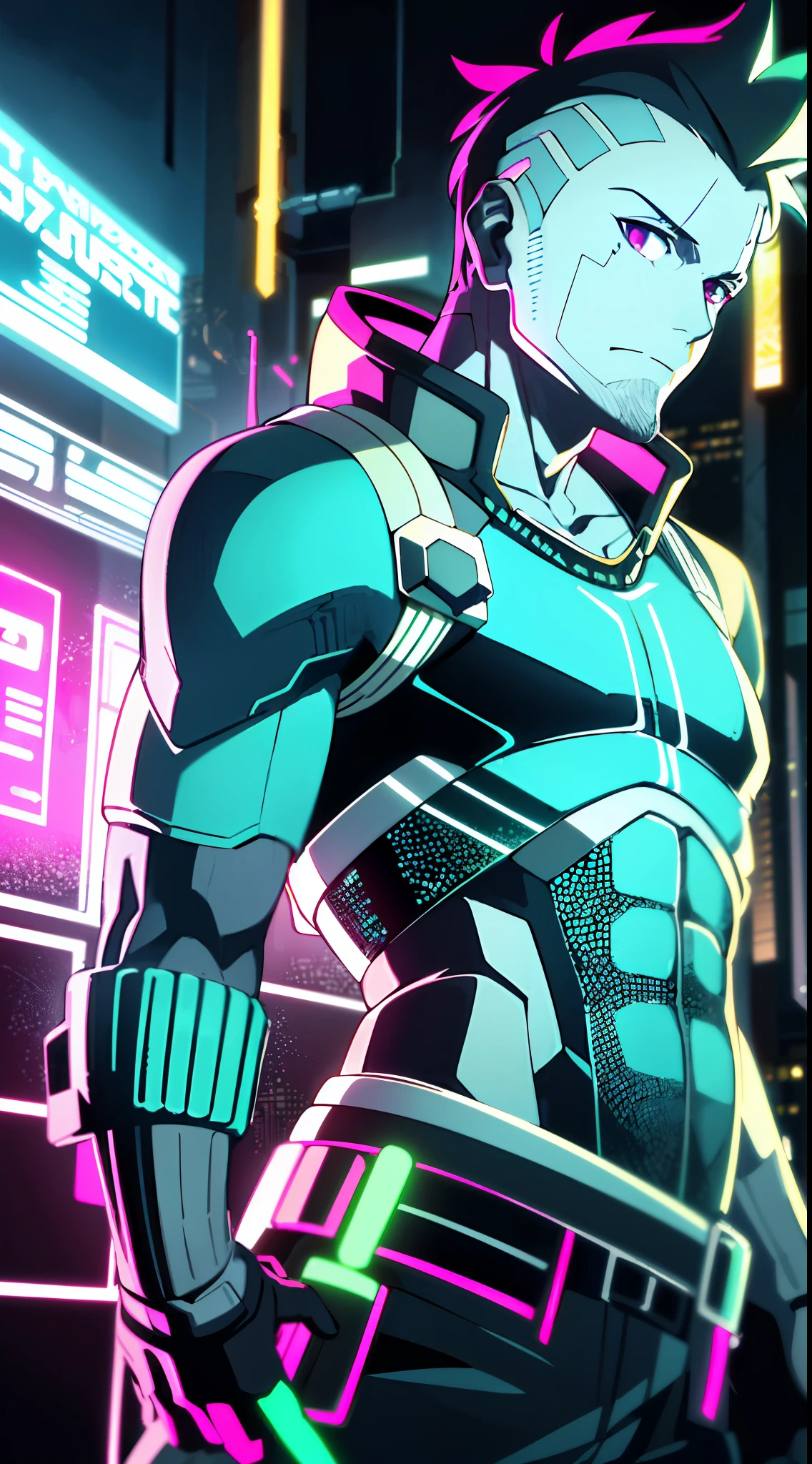 (masterpiece, detailed, high resolution:1.4), cyberpunk, cyberpunk 2077, cyberpunk night city neon background, metal cybernetic silver hand in the foreground in the frame, green-blue glitch effect around the arm, purple-pink neon glow, man, torso, fluorescent