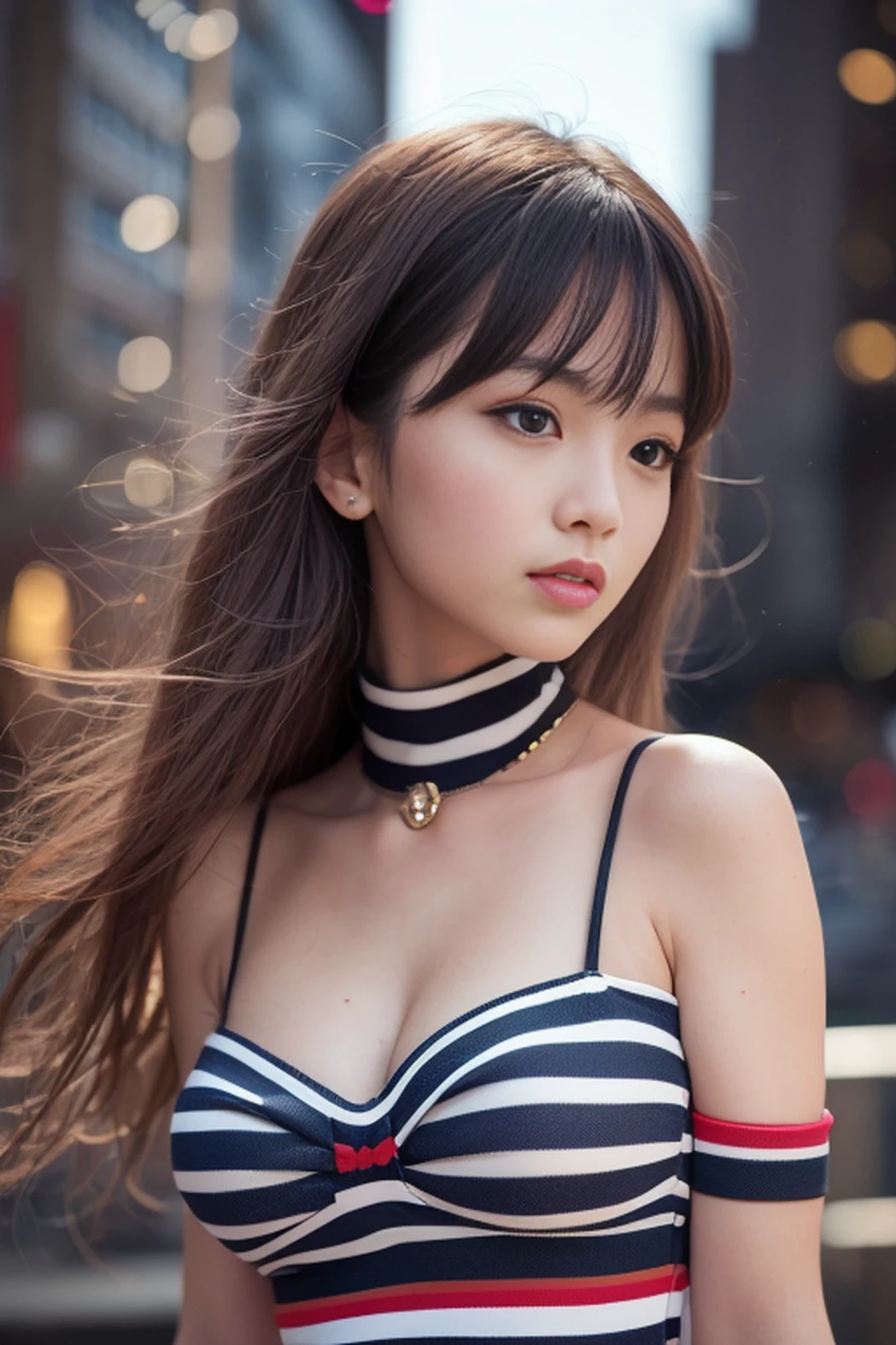 (wearing striped_dress:1.3),woman posing for a photo, multicolorm colored dress, half body shot, good hand,4k, high-res, masterpiece, best quality, head:1.3,((Hasselblad photography)), finely detailed skin, sharp focus, (cinematic lighting), night, soft lighting, dynamic angle, [:(detailed face:1.2):0.2],(((city background))), 写真のポーズをとる赤いブラジャーの上を着たアラフェッドのアジア人女性、