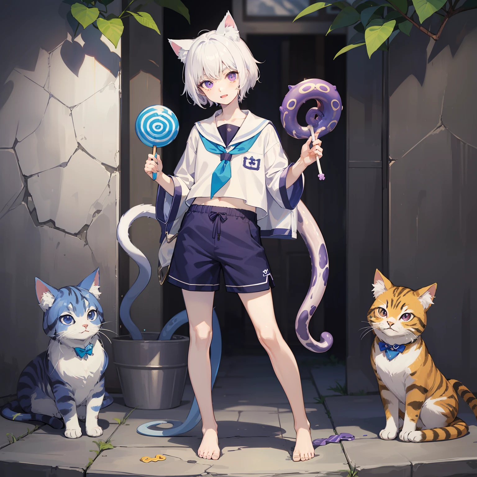 ((pale skin)), (shota), (white tentacle), (short hair), (purple eyes), (white hair), (blue and white striped sailor suit), (blue and white striped shorts), (barefoot), (happy), (cat ear tail), (standing), (handsome), (holding a lollipop hammer)