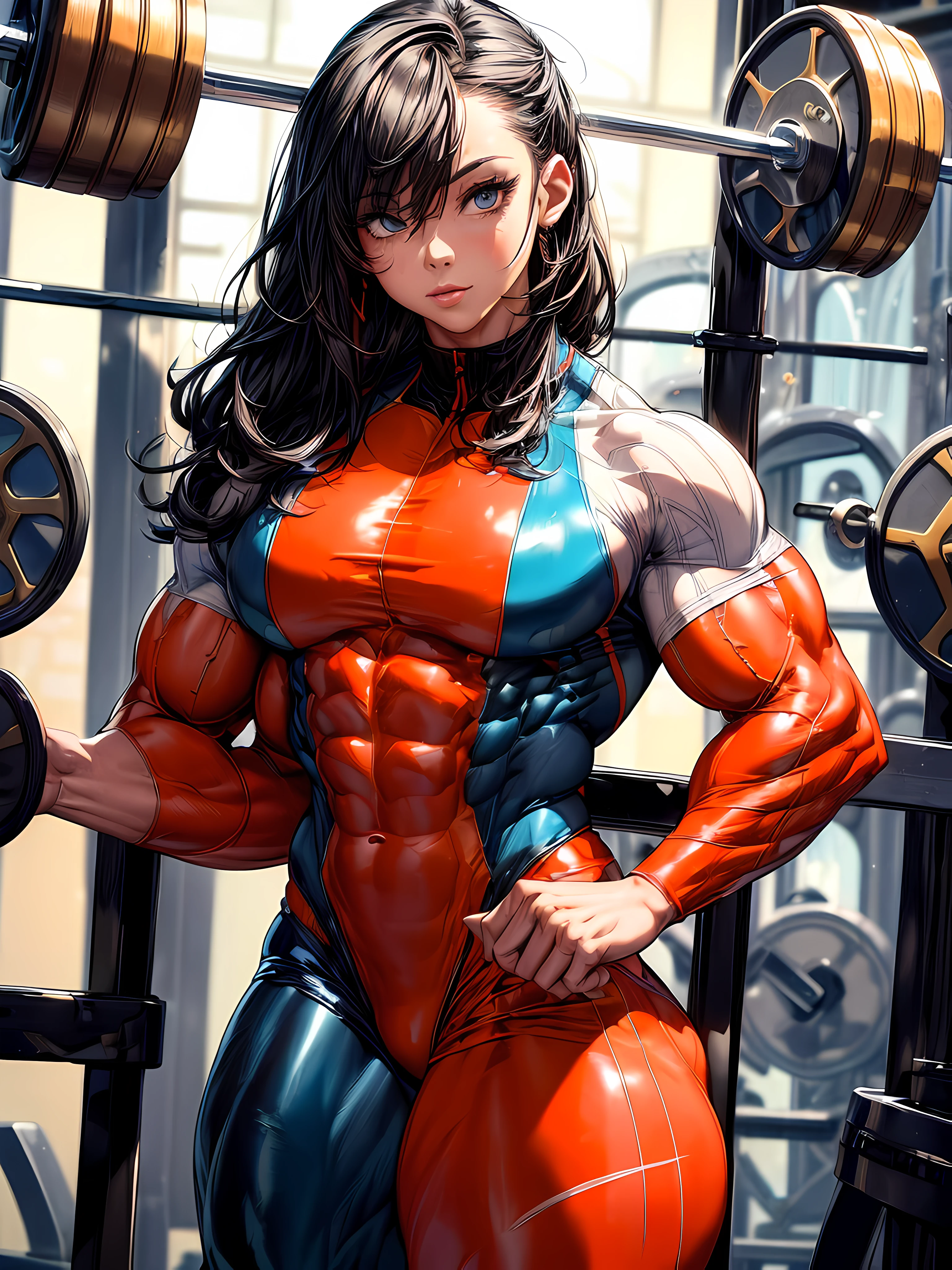 high contrast, (8K UHD:1.2), (photorealistic:1.2),(masterpiece:1.4), (best quality:1.4),extremely detailed wallpaper, highly detailed illustrations, ((1 Girl)) , (super-complex details) , 4K unified, (masterpiece:1.2), (best quality:1.2), (1woman), (masterpiece), 1girl, solo focus, a trail picture like the blue suit girl. Make the suit and orange and black glossy color so the muscles will show greatly.,(body builder:1.9)),((upper body)),((muscular legs)),((latex)),((covered)),((big body :1.5)).((muscular:1.5))