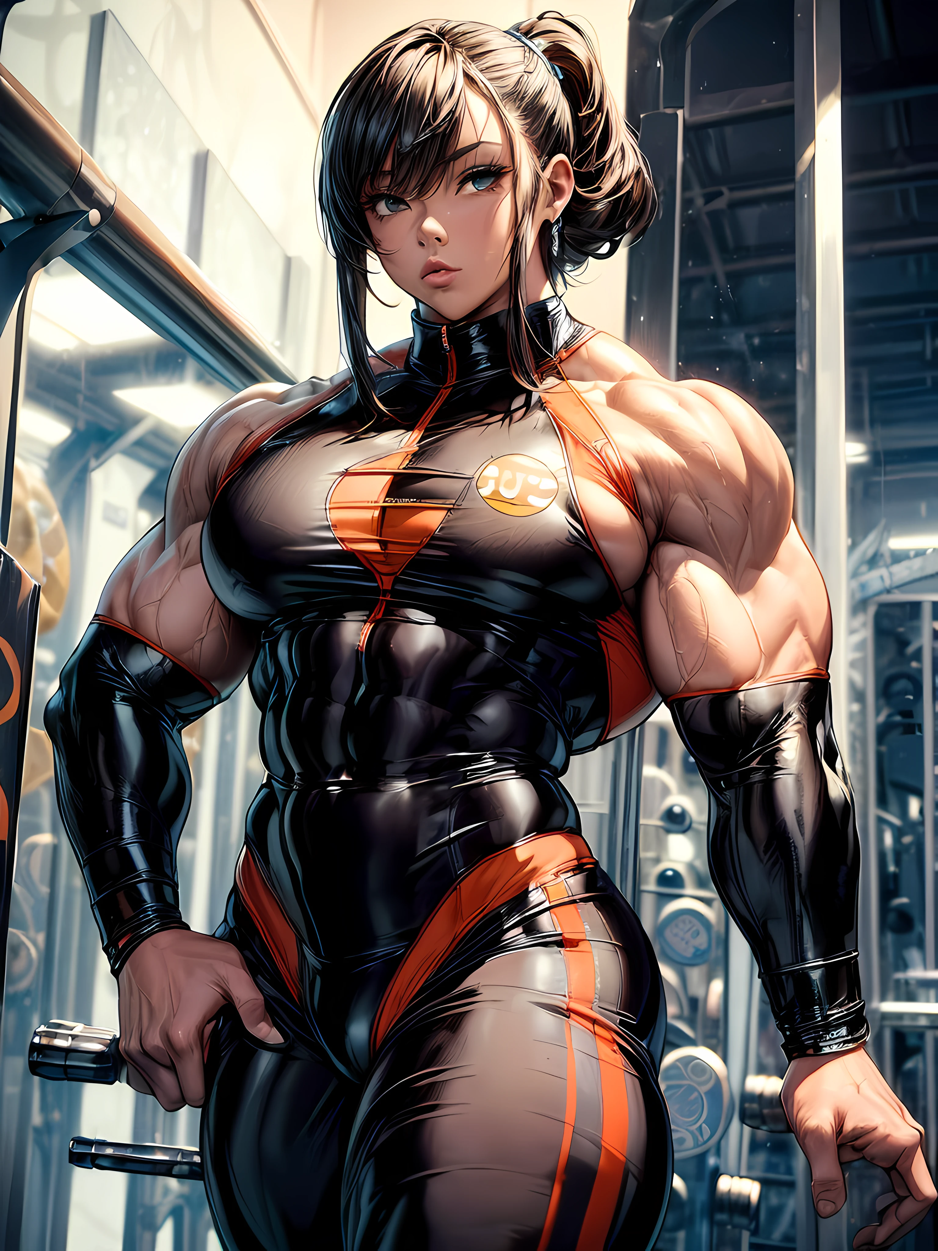 high contrast, (8K UHD:1.2), (photorealistic:1.2),(masterpiece:1.4), (best quality:1.4),extremely detailed wallpaper, highly detailed illustrations, ((1 Girl)) , (super-complex details) , 4K unified, (masterpiece:1.2), (best quality:1.2), (1woman), (masterpiece), 1girl, solo focus, a trail picture like the blue suit girl. Make the suit and orange and black glossy color so the muscles will show greatly.,(body builder:1.9)),((upper body)),((muscular legs)),((latex)),((covered)),((big body :1.5)).((muscular:1.5))