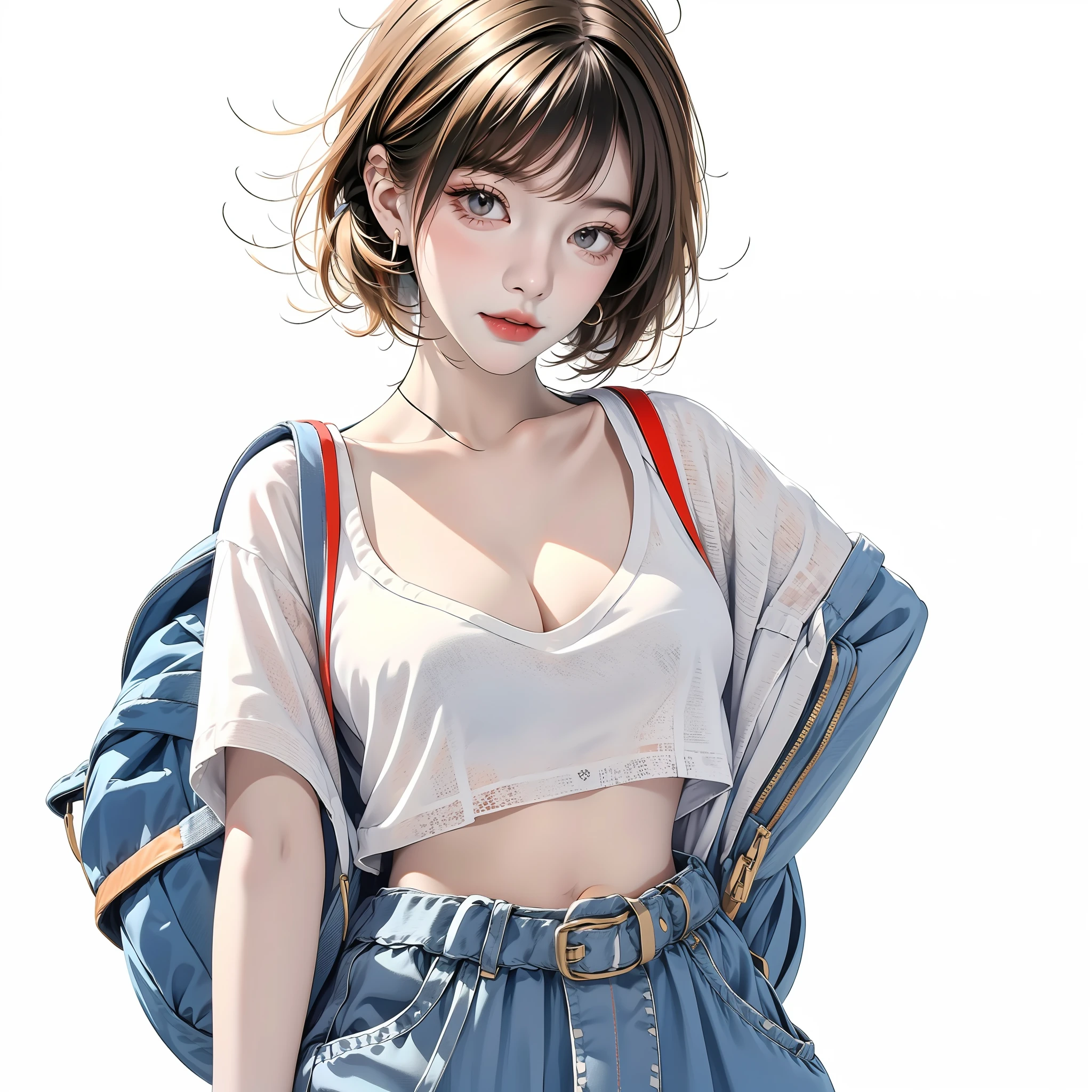 1girle，Stand，with a simple background，pure white background，Pose，medium Breasts，cleavage，Camisole，Loose denim trousers，Broken sleeves，pubic hair is transparent，behind the hand，backpack，brownhair，fluffy short hair，