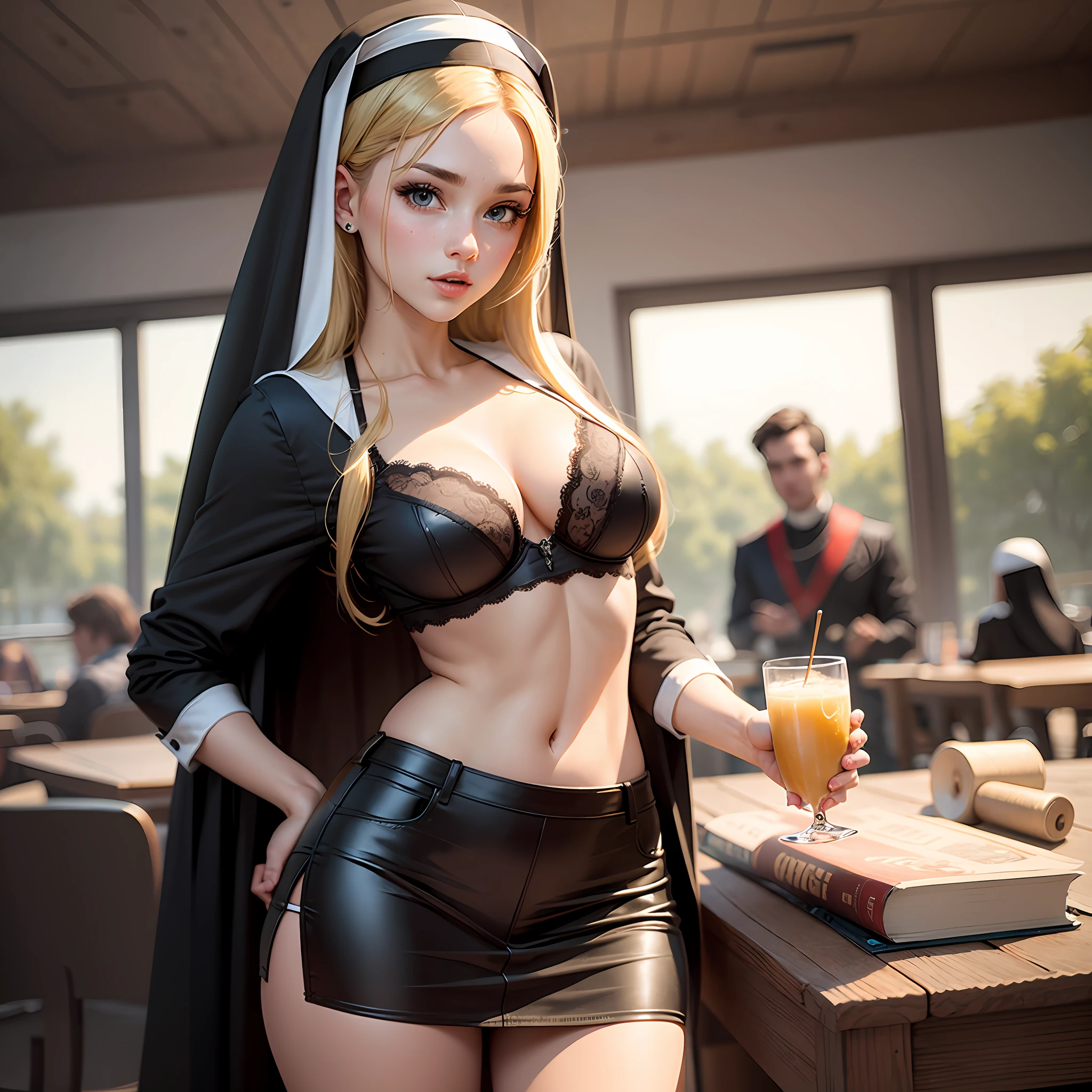 (Ari Duarte) cute blonde woman with mini skirt and bra and nun's outfit --auto