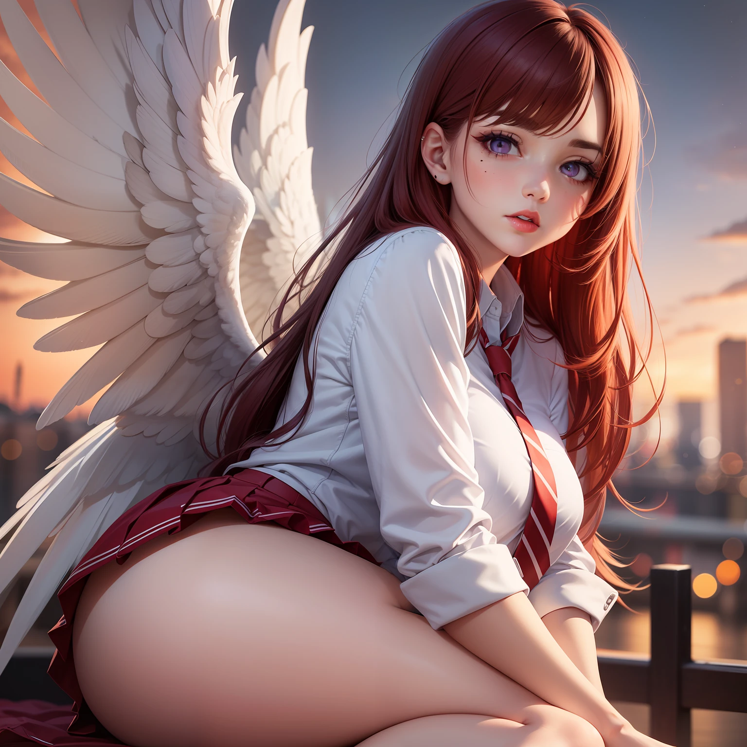 Beautiful red-haired woman with long, straight hair falling under her shoulder, wearing high school clothes, blouse with red tie and red mini skirt, black socks that go up to the knees and All Star sneakers, with angel wings, red makeup around the eyes making a drawing on the face, purple eyes, red lipstick, a mole on the left side of the mouth, perfect face, expression of shame, cute expression, perfect body, round chest, big ass, thick thighs, whole body, detailed scenery, detailed photo, masterpiece, 8k, raw photo, perfect lighting