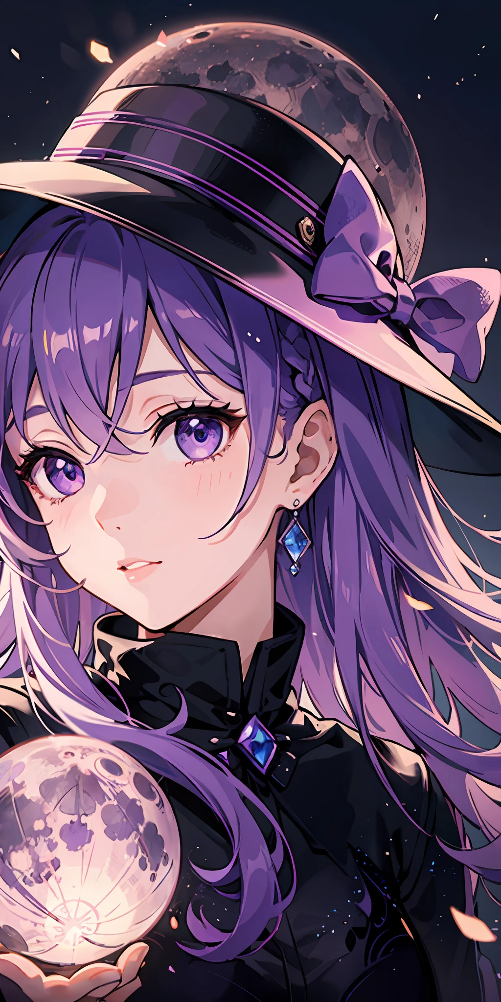 1girl, purple hair, purple eyes, hat on head, side light, light particles, wallpaper, colored sky, giant moon, daytime, highlight, high color gamut