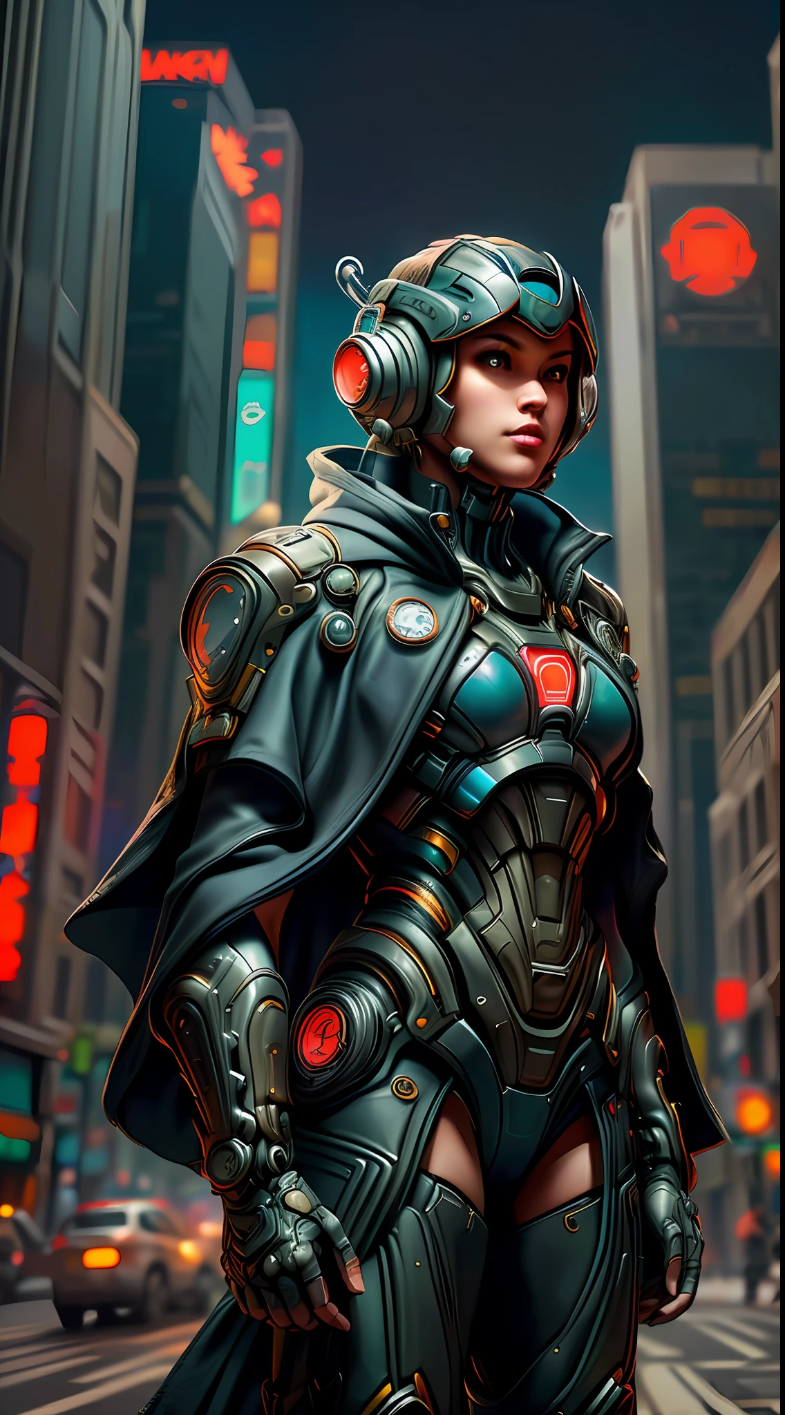 Robort Derpd Ranger working for the megacorporation Scifi, elite corporate enforcer patrolling the streets, wearing detailed multicolored cloaks cape, corporate offices, cyberpunk scene, busy street, neon lights