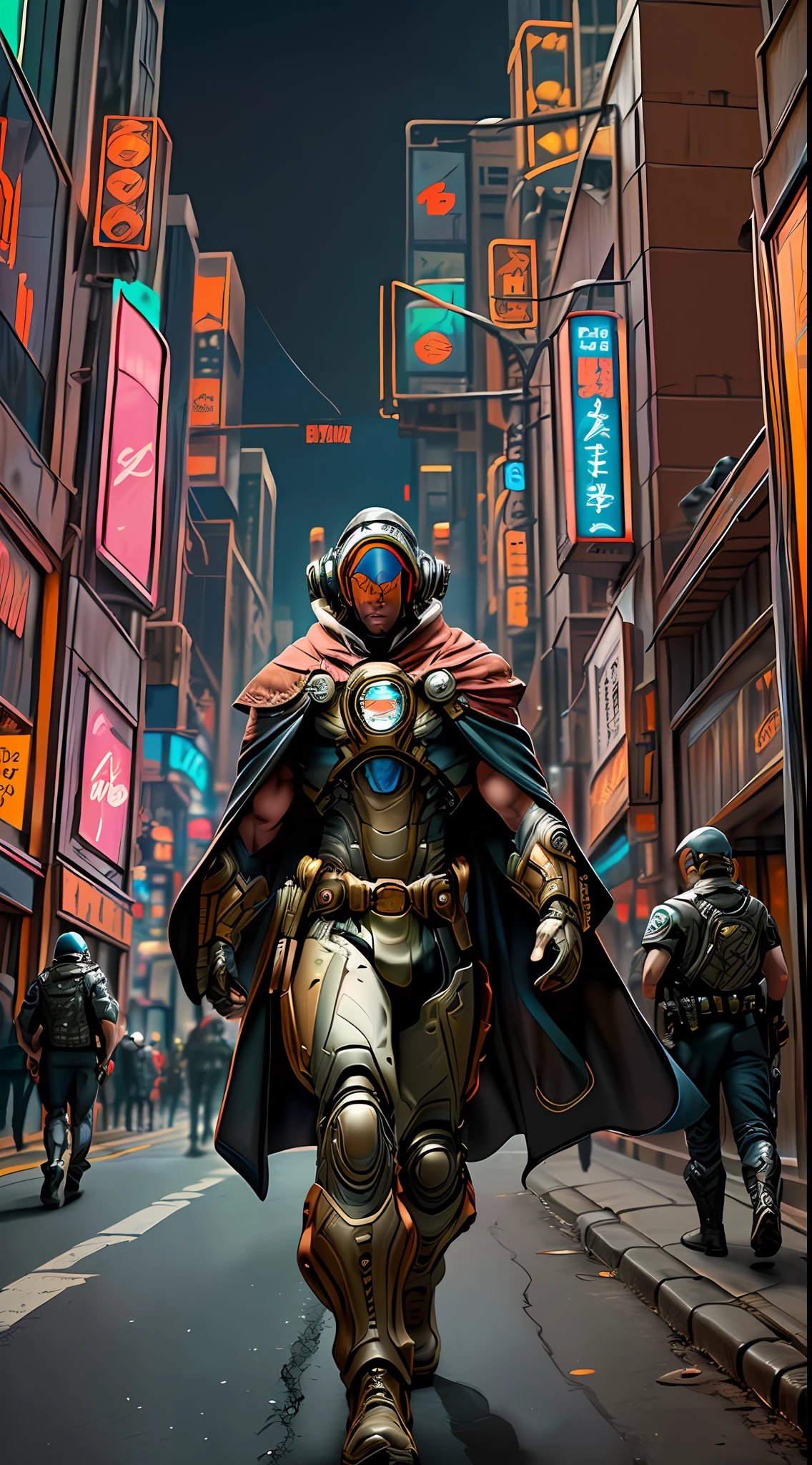 Robort Derpd Ranger working for the megacorporation Scifi, elite corporate enforcer patrolling the streets, wearing detailed multicolored cloaks cape, corporate offices, cyberpunk scene, busy street, neon lights