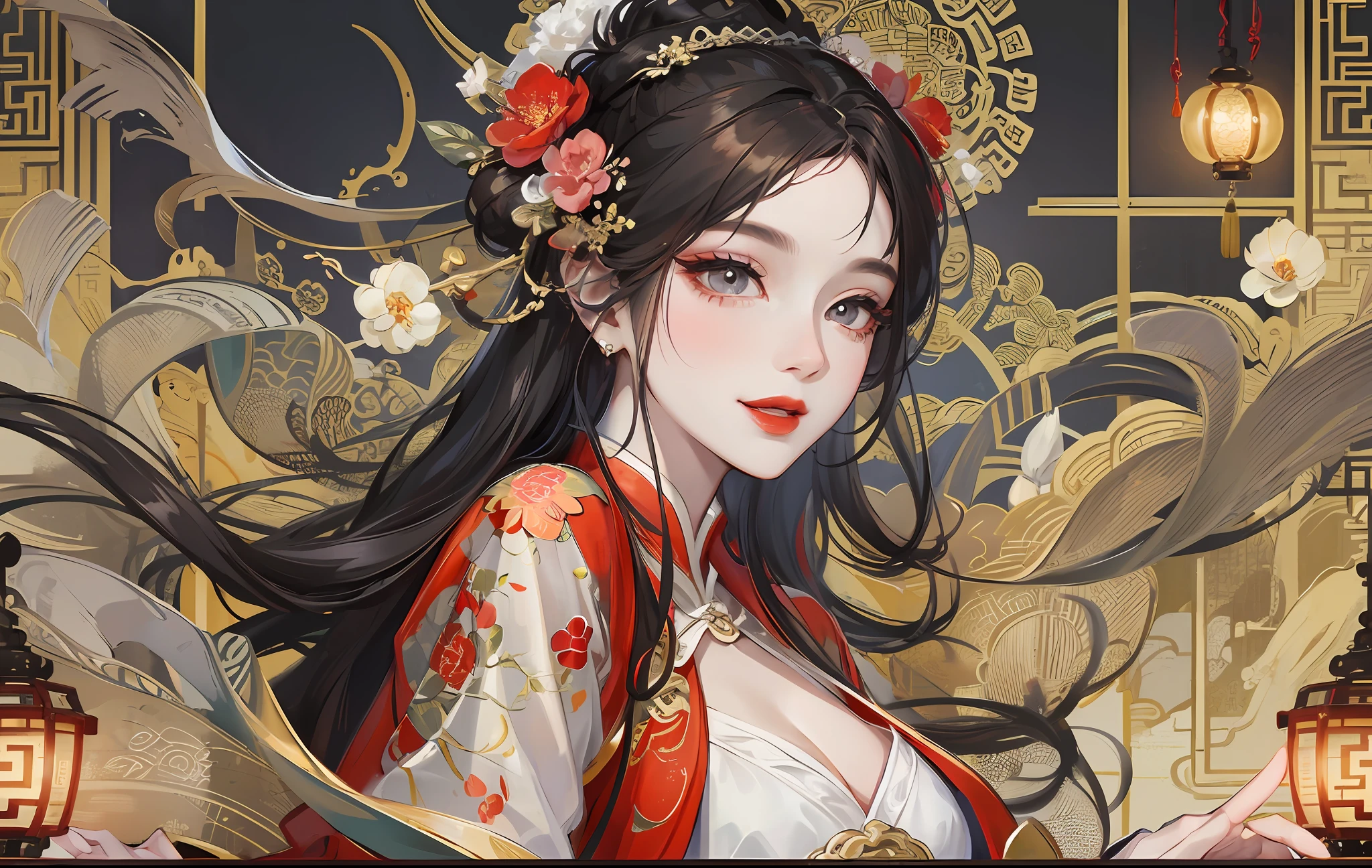 Masterpiece, Superb Style, Night, Full Moon, 1 Female, Mature Woman, Chinese Style, Antique Chinese, Sister, Royal Sister, Smile, Brunette Hair, Updo, Red Lips, Calm, Intellectual, Princess Scissors, Hairpins, Hair Flowers, Detailed Facial Details, Detailed Eyes, Full Body, Gray Eyes, Conservative Dress, Long Hair