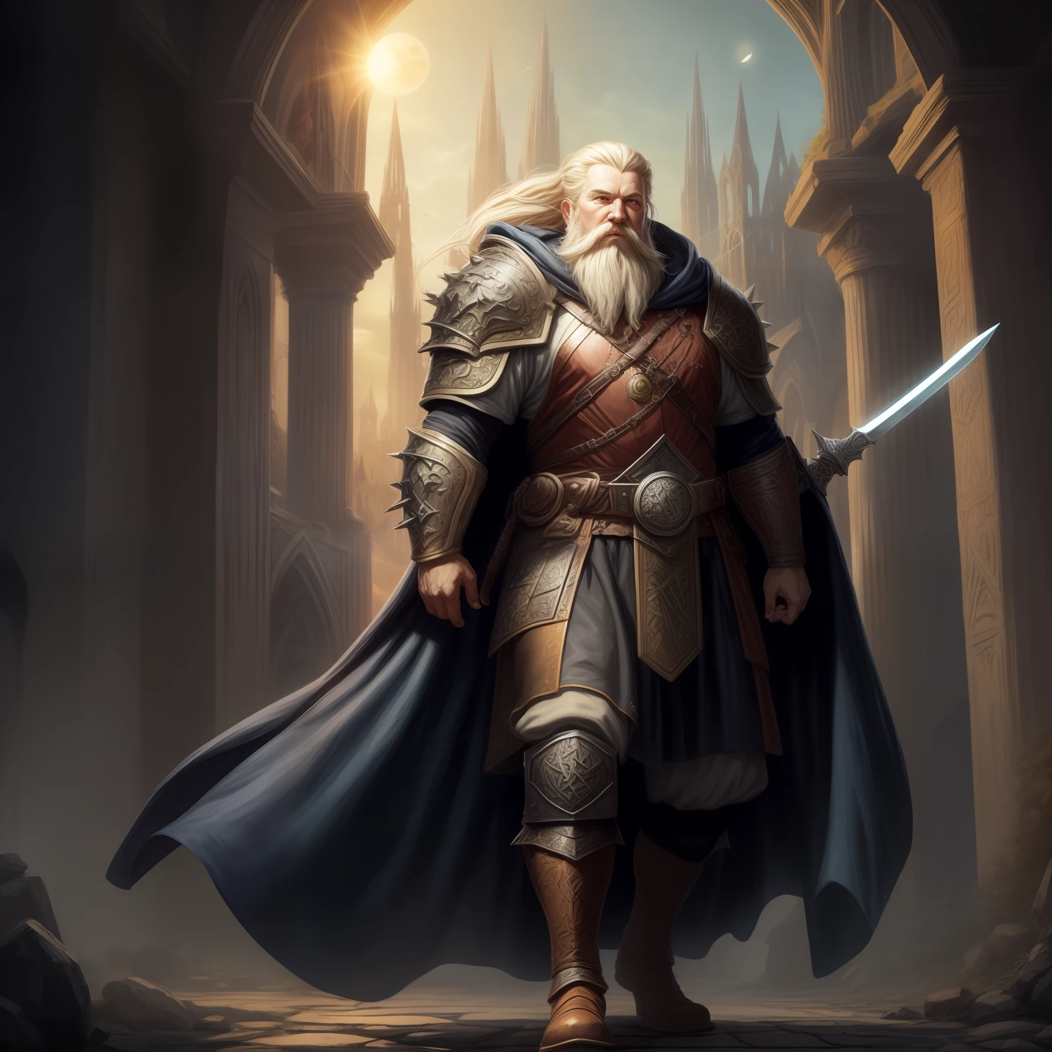 portrait of a full body, male, dwarf, forgotten realms setting, (D&D fantasy art, Masterpiece, best quality) cleric, (D&D fantasy art, Masterpiece, best quality) with a long, braided blond hair, blond braided beard, blue eyes (D&D fantasy art, Masterpiece, best quality). Armed in the right hand with a yellow, radiant sword, with dwarven runes on it. Holding a shield in the left hand. Wearing heavy black armor with spikes (D&D fantasy art, Masterpiece, best quality). With a bellowing orange cloak with sun sigils (flowing), with a cathedral background at dawn, (D&D fantasy art, Masterpiece, best quality)