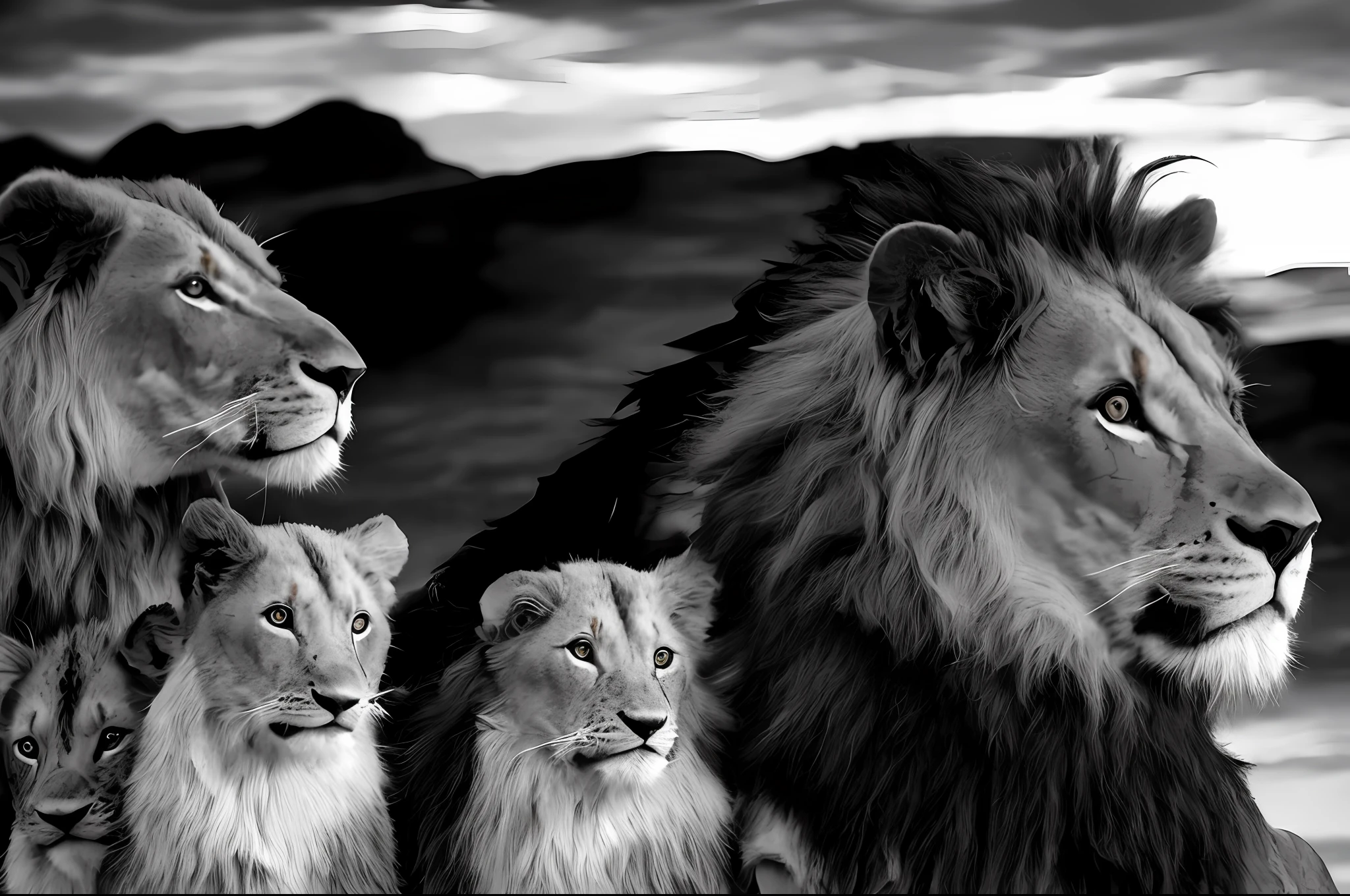 ((Black and white photograph)), ((Shades of gray)) of a family of lions, ((Realistic hair)), family portrait, lioness queen, lioness, ((lion without mane))the lion king, proud look, by Mirabello Cavalori, by Tadashi Nakayama, by Micha Klein, high quality image, by Mirko Rački, fierce expression 4k, (black background), (black background), by Bernard D'Andrea, by Daniel Seghers,  by Matija Jama