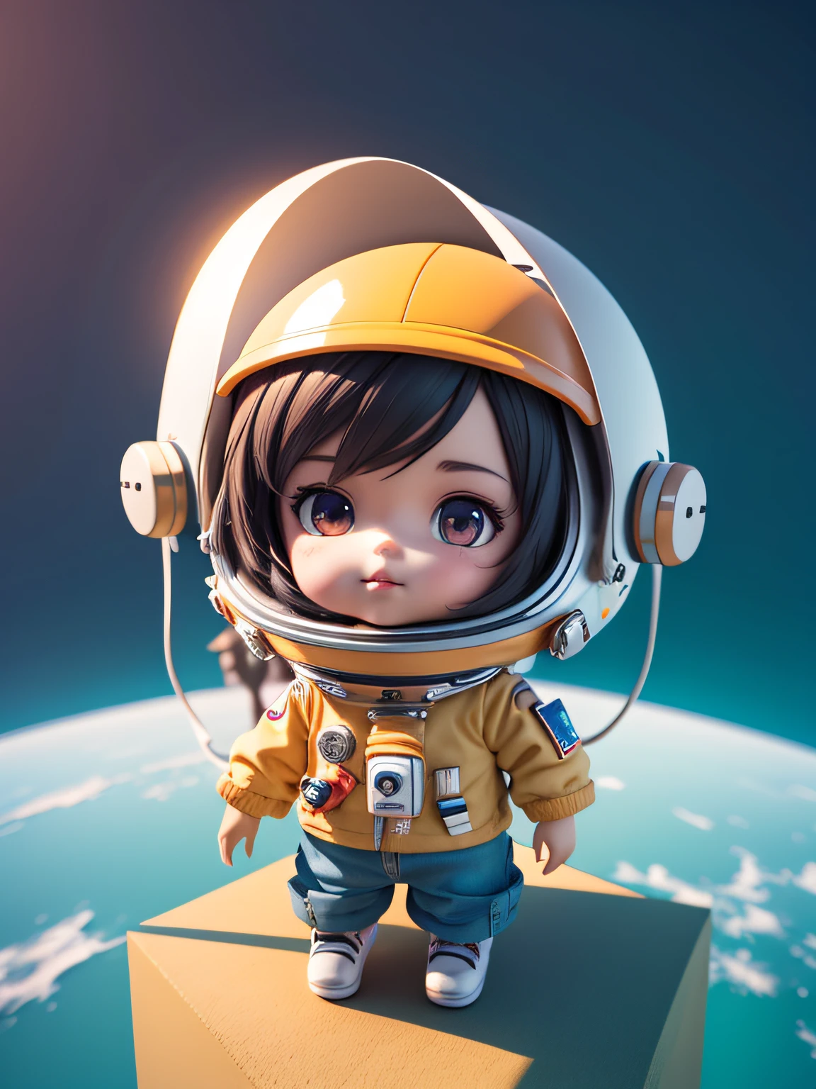 There is a little doll with helmet and helmet, cute 3d rendering, little astronaut looking up, portrait anime space cadet boy, cute 3d anime boy rendering, cute detailed digital art, male explorer mini cute boy, 3d rendering stylized, 3d rendered character art 8k, cute digital painting, anime style 3d, super detailed rendering