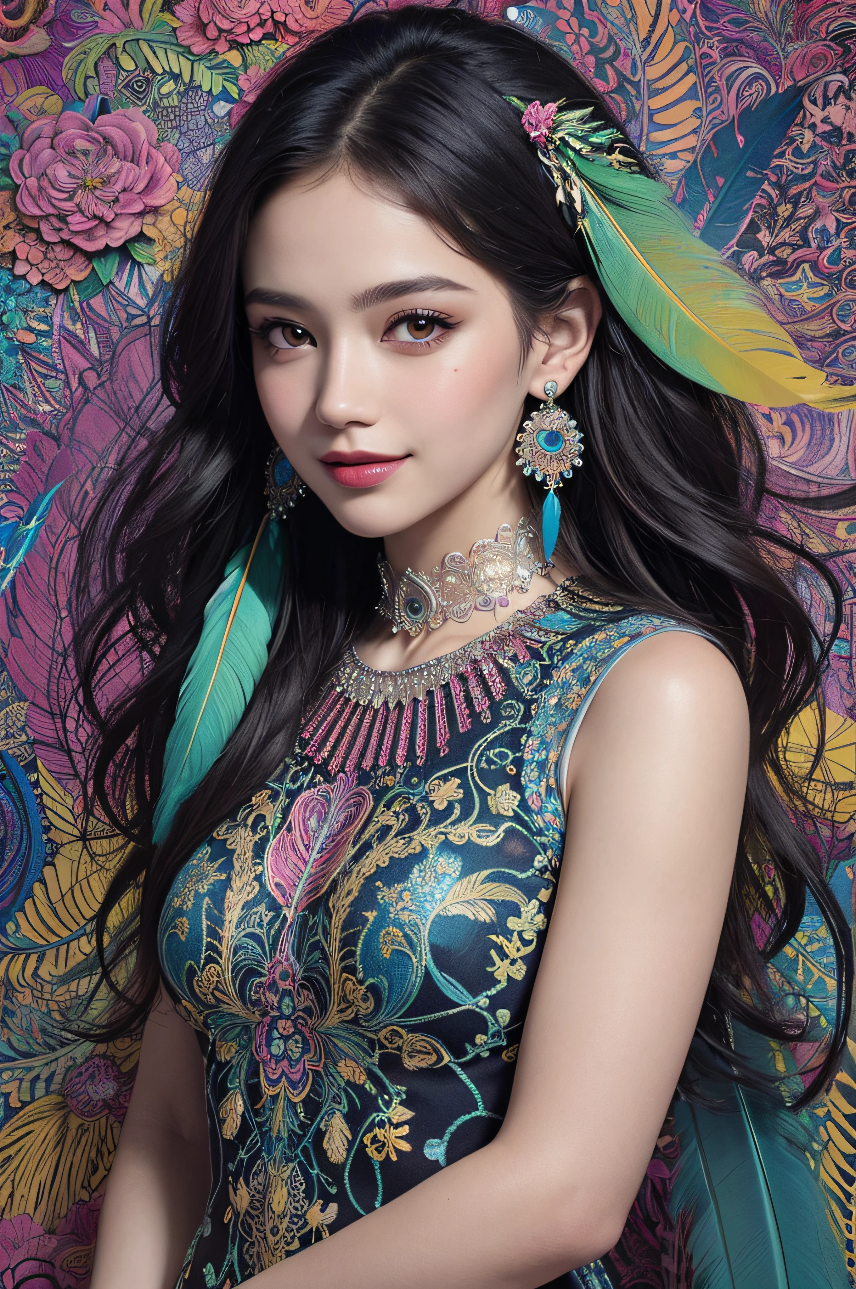 (masterpiece, top quality, best quality, official art, beautiful and aesthetic:1.2), (1girl:1.3), smiling, extremely detailed,(fractal art:1.1),(colorful:1.1)(flowers:1.3),highest detailed,(zentangle:1.2), (abstract background:1.3), (shiny skin), (many colors:1.4), ,(earrings), (feathers:1.5),