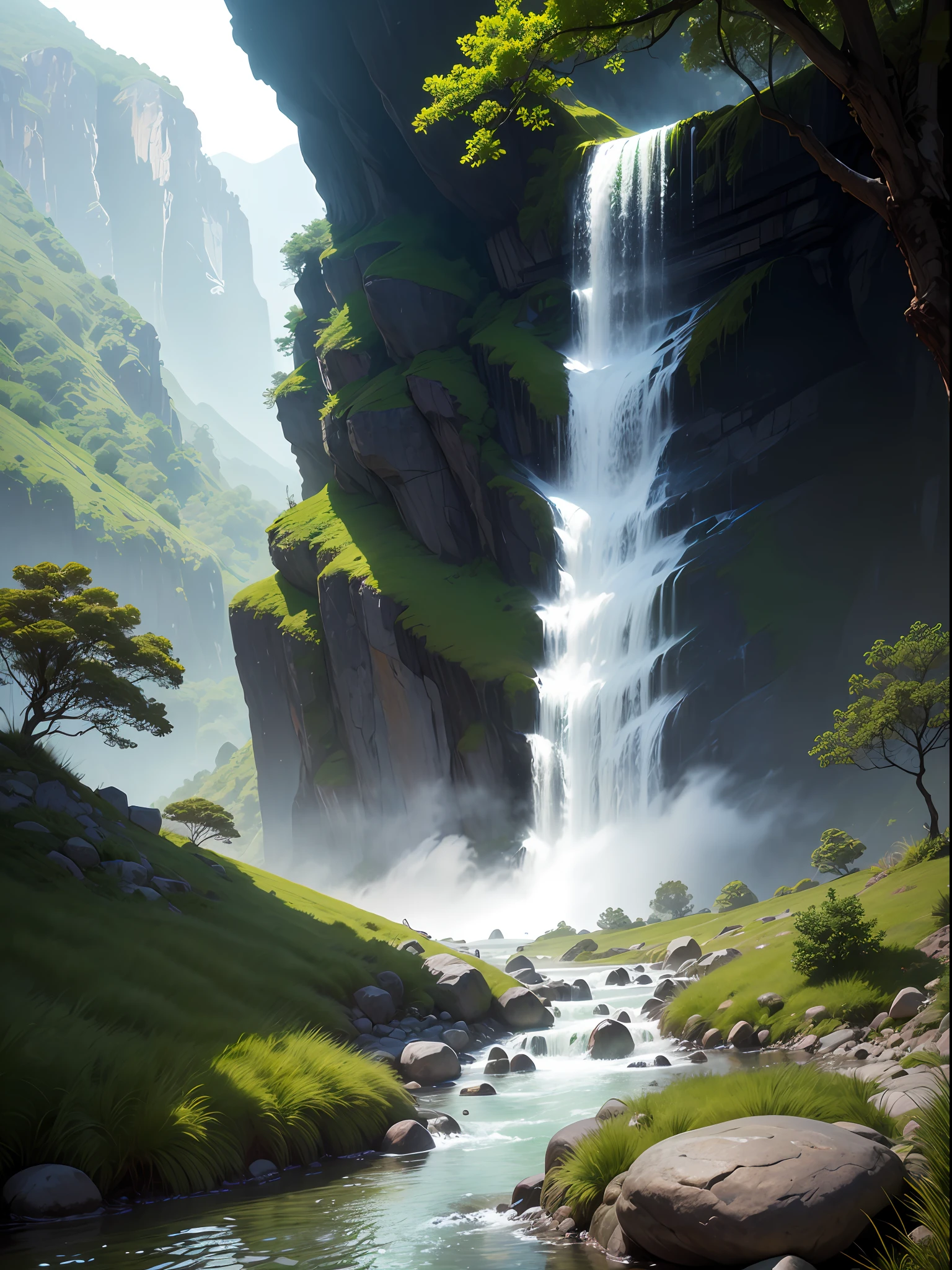 Looking at the two big mountains from afar, the waterfall on the mountain, from top to bottom, water mist, the stream below the mountain, slowly flowing, the green plants in summer, the ancient temple, hidden in it. --auto