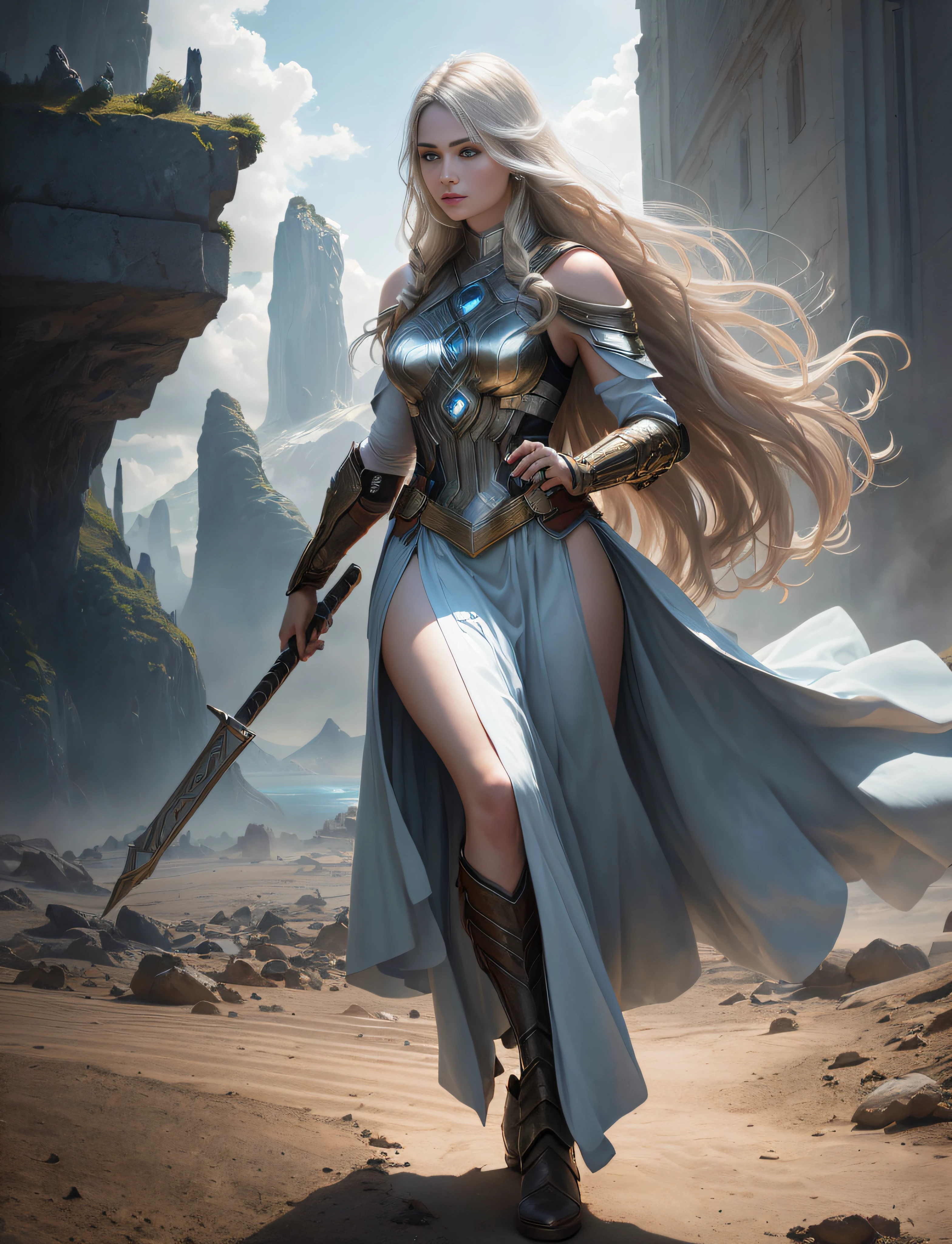 Realistic character shooting, set in the sci-fi film planet Asgard, the protagonist is a woman with Thor, complex long hair, delicate face, flowing figure, gorgeous walking stick, luminous body