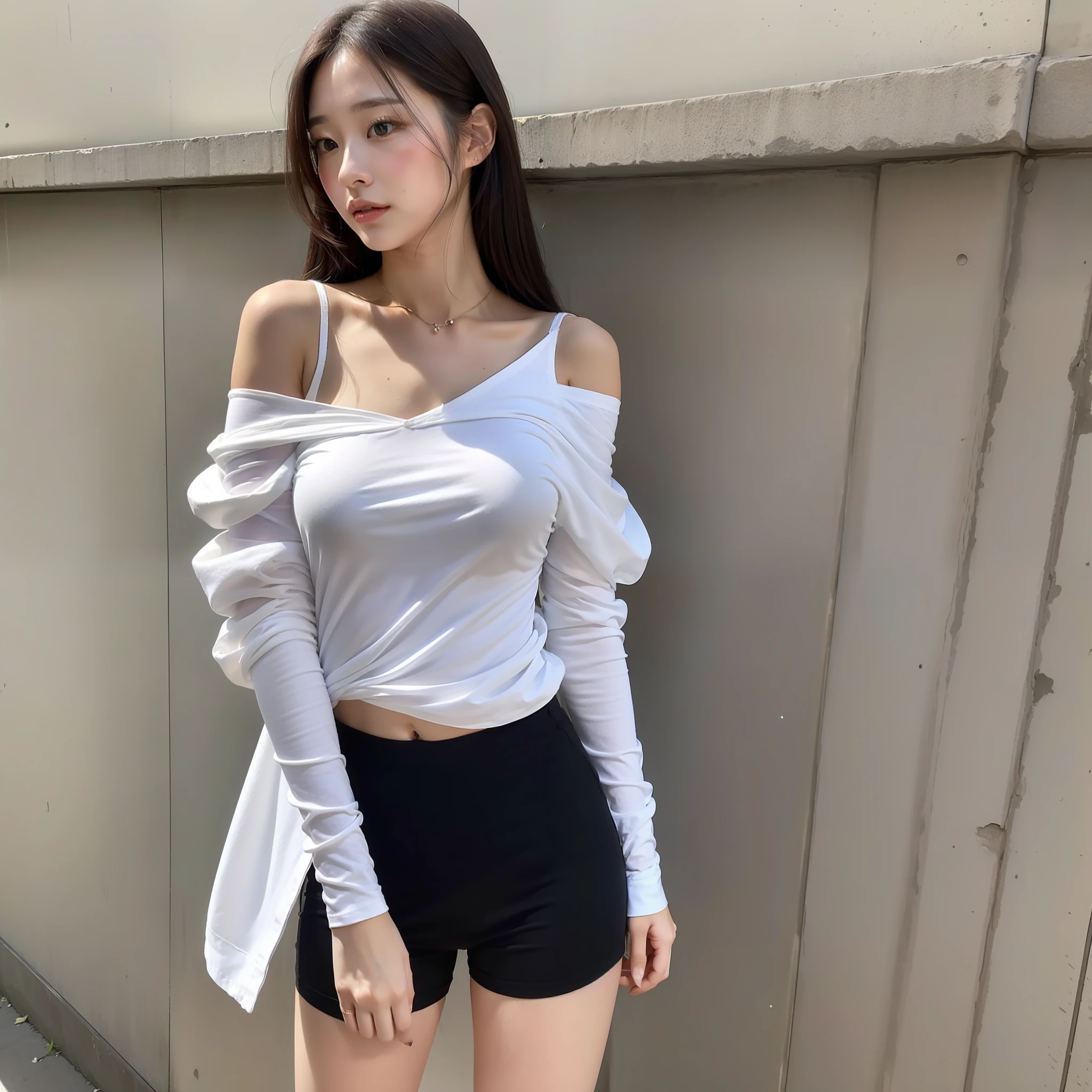 20-year-old Japanese woman, long hair and shoulders, white gauze shirt, princess sleeves, black underwear, black shorts, long legs, black booties, standing against a wall on the side of the lively street, looking down at the phone, messaging and typing, (photorealistic), (masterpiece), (8K), (super high resolution)