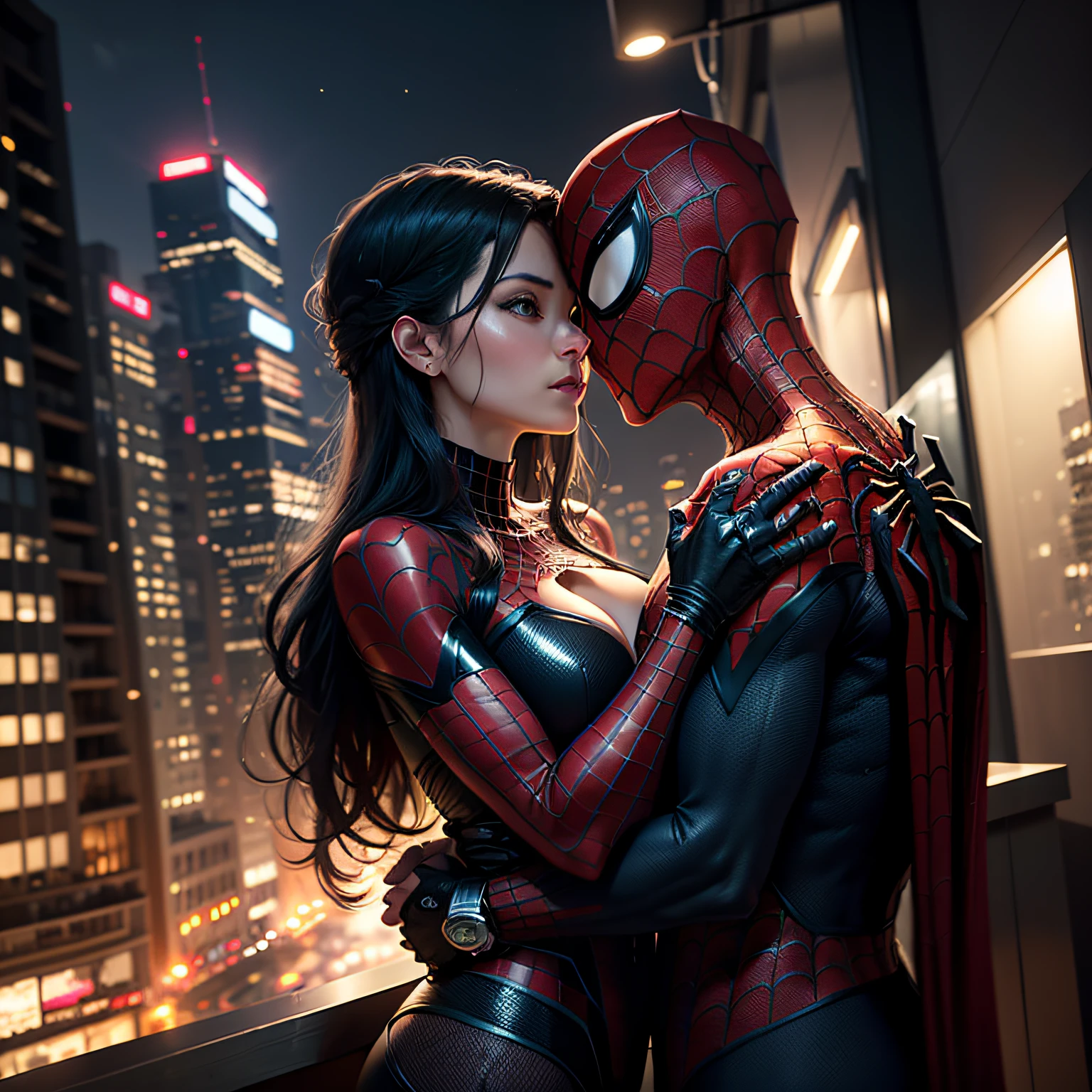 spider man kissing spider woman, arachnid, superhero, passionate, romantic, vibrant, night, city, skyscrapers, moonlit, buildings, web, couple, embrace, chemistry, love, intense, atmosphere, electric, thrilling, dynamic, materials, silk, costume, mask, camera settings, close-up, depth of field, high resolution, vivid colors --q 2 --auto