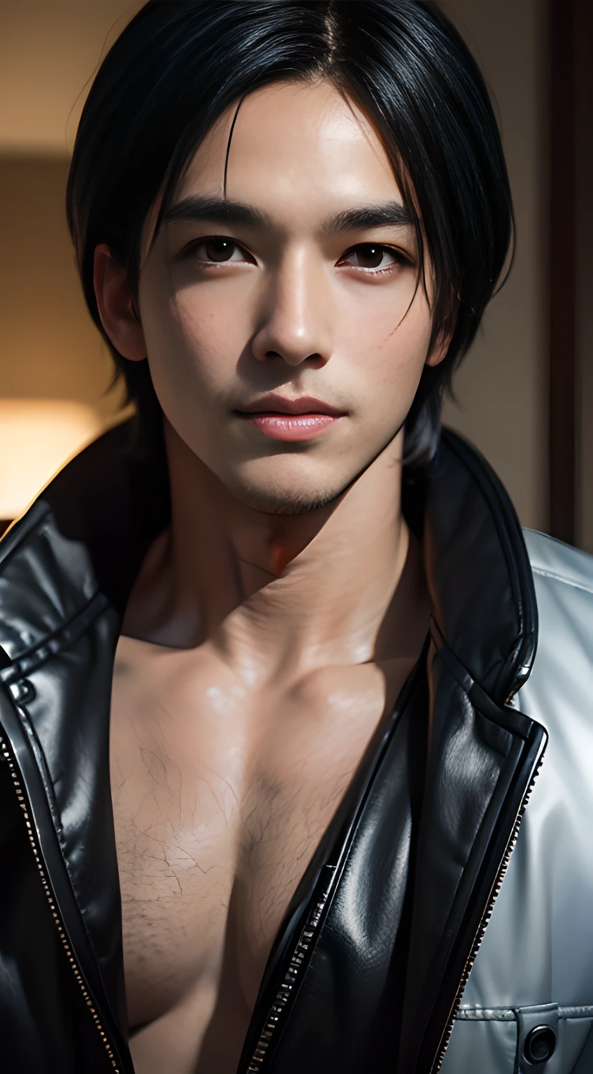 Blue hair, handsome muscular man who looks like Leon kennedy of Resident Evil, mischievous smile, (small details: 1 in 1), natural muscles, higher quality, beautiful eye, (Detailed face and eyes), (face、: 1 of 2), noise, real pictures、... ...PSD, Sharp Focus, High Resolution 8k, Real & Professional Photography, 8K UHD, Soft Lighting, High Quality, Film Grain, FUJIFILM XT3