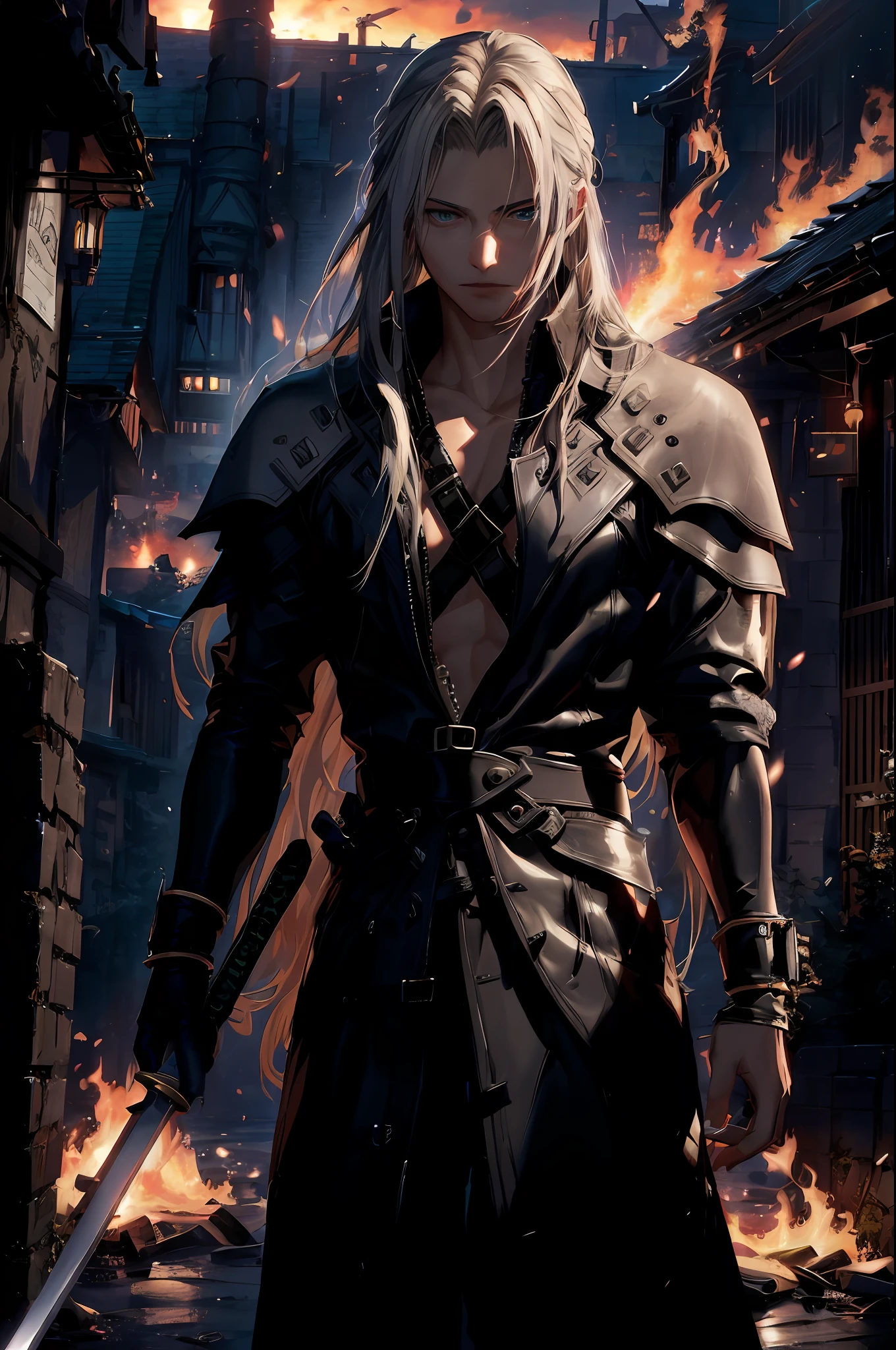 a close up of a person holding a sword in a city, sephiroth, a photo of sephiroth, thancred waters in style of wlop, sephiroth from final fantasy, thancred waters, johan liebert mixed with alucard, from final fantasy, badass anime 8 k, final fantasy character, by Yang J, from ff7