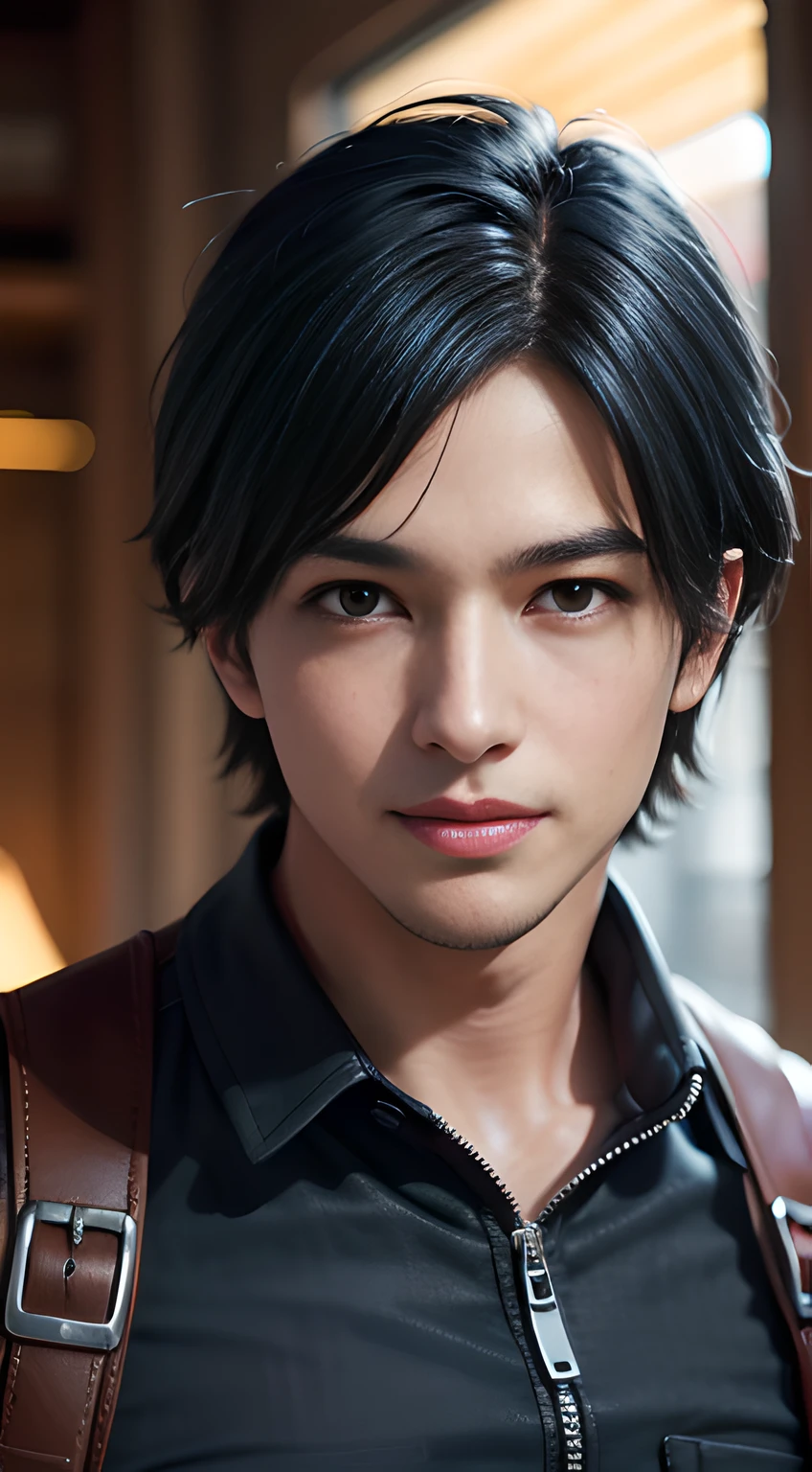 Blue hair, handsome muscular man who looks like Leon kennedy of Resident Evil, mischievous smile, (small details: 1 in 1), natural muscles, higher quality, beautiful eye, (Detailed face and eyes), (face、: 1 of 2), noise, real pictures、... ...PSD, Sharp Focus, High Resolution 8k, Real & Professional Photography, 8K UHD, Soft Lighting, High Quality, Film Grain, FUJIFILM XT3