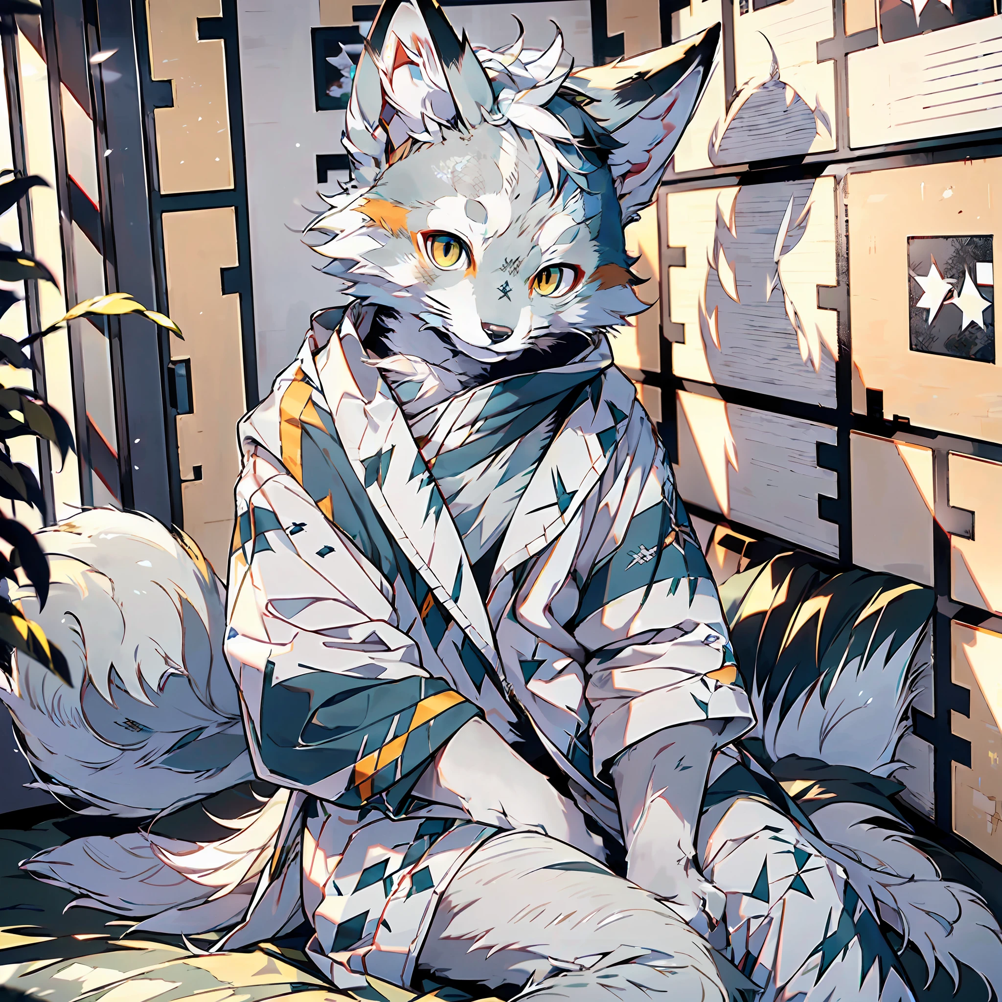 high detail, hyper quality, high resolution, 1080P, solo, furry, (male arctic fox: 1.5), (gray fur: 1.3), gray skin, gray ears, golden eyes, sharp claws, (fluffy tail: 1.2), wearing a bathrobe, sitting on the bed, in the room, detailed background, natural lighting