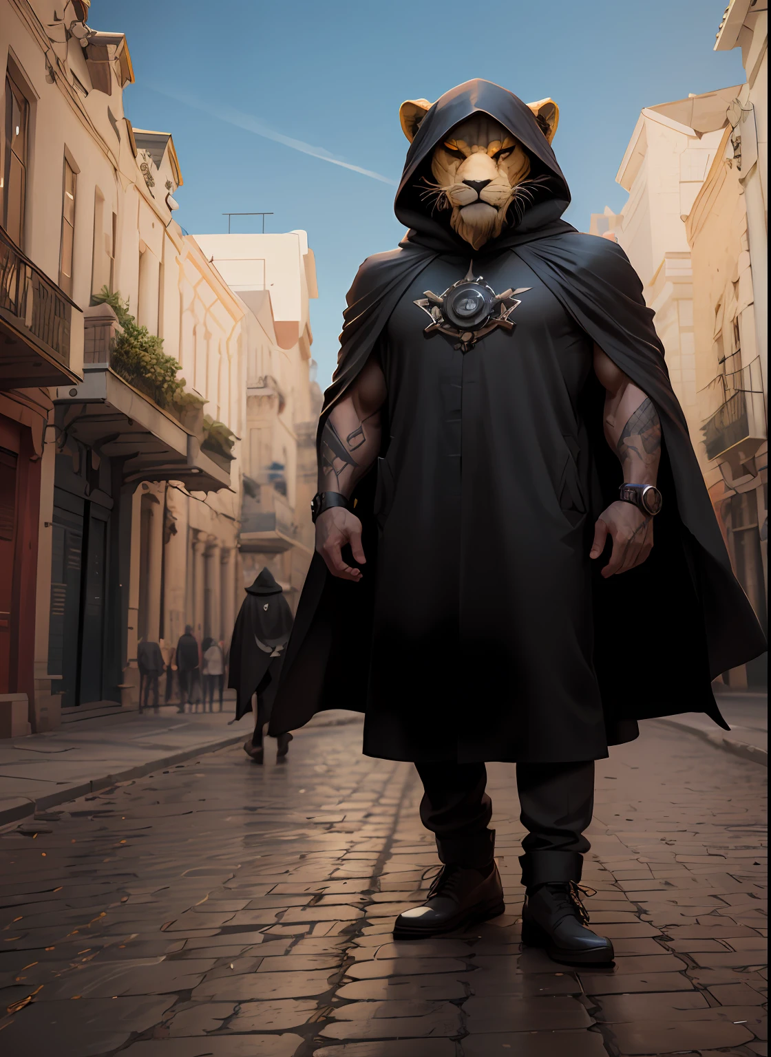 There is a man in a lion mask and cloak standing in a street, in a cloak. extremely high details, wearing black clothes and cape, wojtek fus, steampunk superhero, amazing 8k character concept art, heavy cape, dark supervillain, render octane fantasy character, 3 d render character art 8 k, wearing a black robe, fantasy style 8 k octane render, with cover