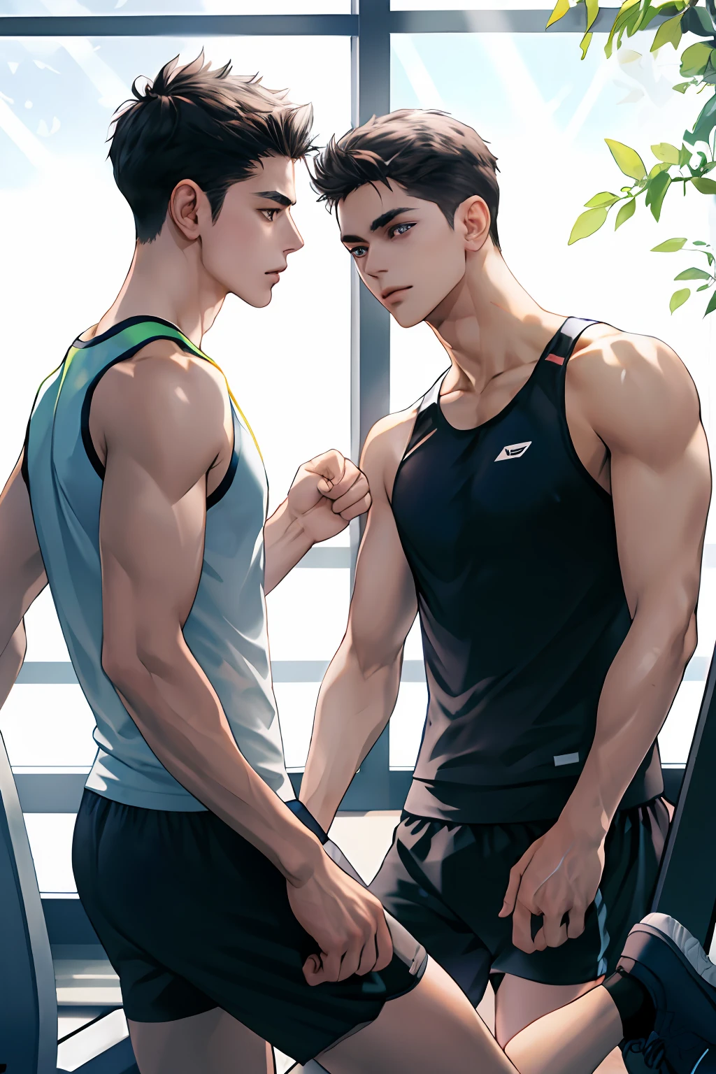 High image quality, two beautiful men, delicate eyes, thin muscular, tall, random hairstyle, rough clothes, Gym, treadmill jogging, lovely eyes, window, soft sunlight, romantic,