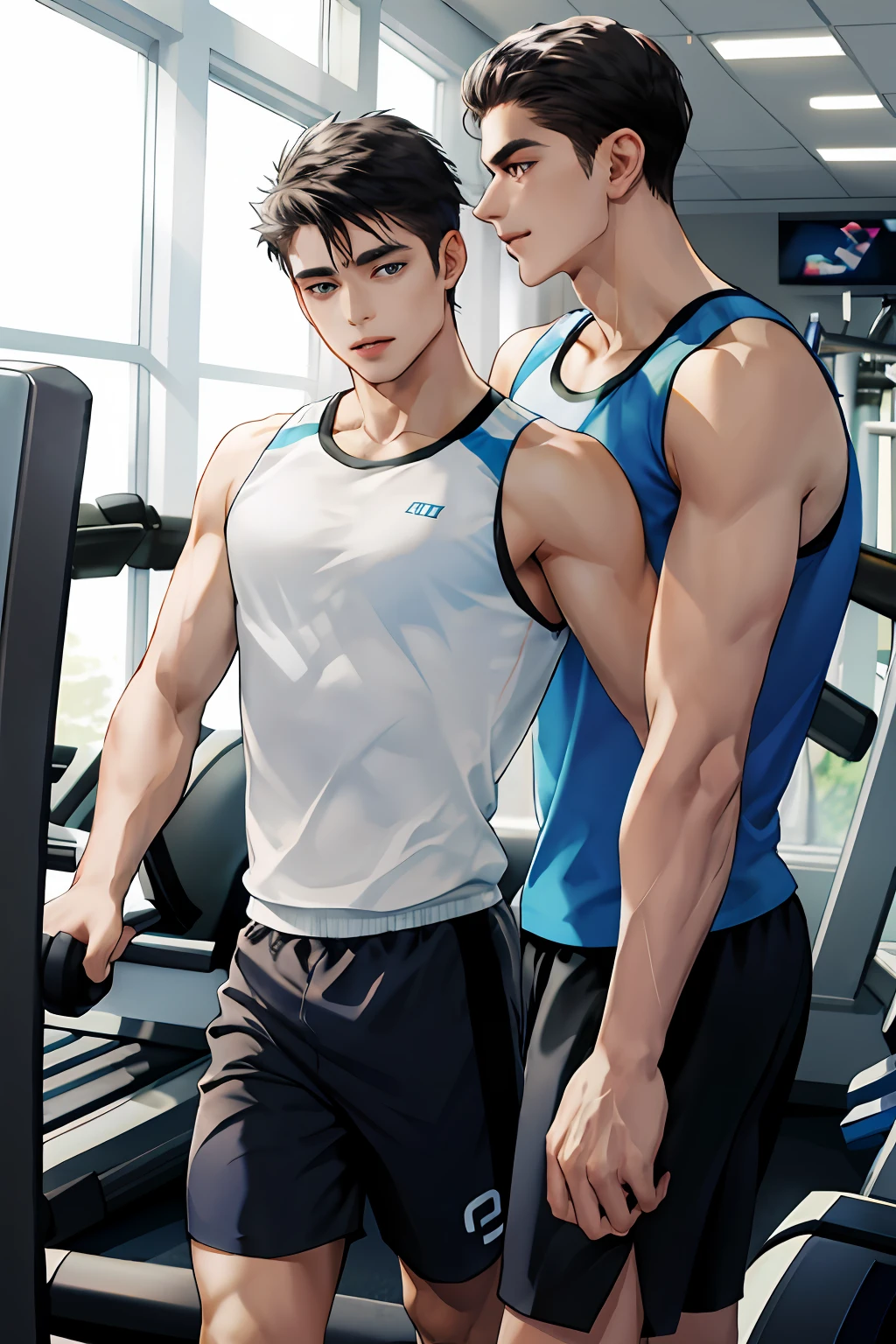 High image quality, ((two beautiful men)), delicate eyes, thin muscular, tall, random hairstyle, rough clothes, Gym, treadmill jogging, lovely eyes, window, soft sunlight, romantic,