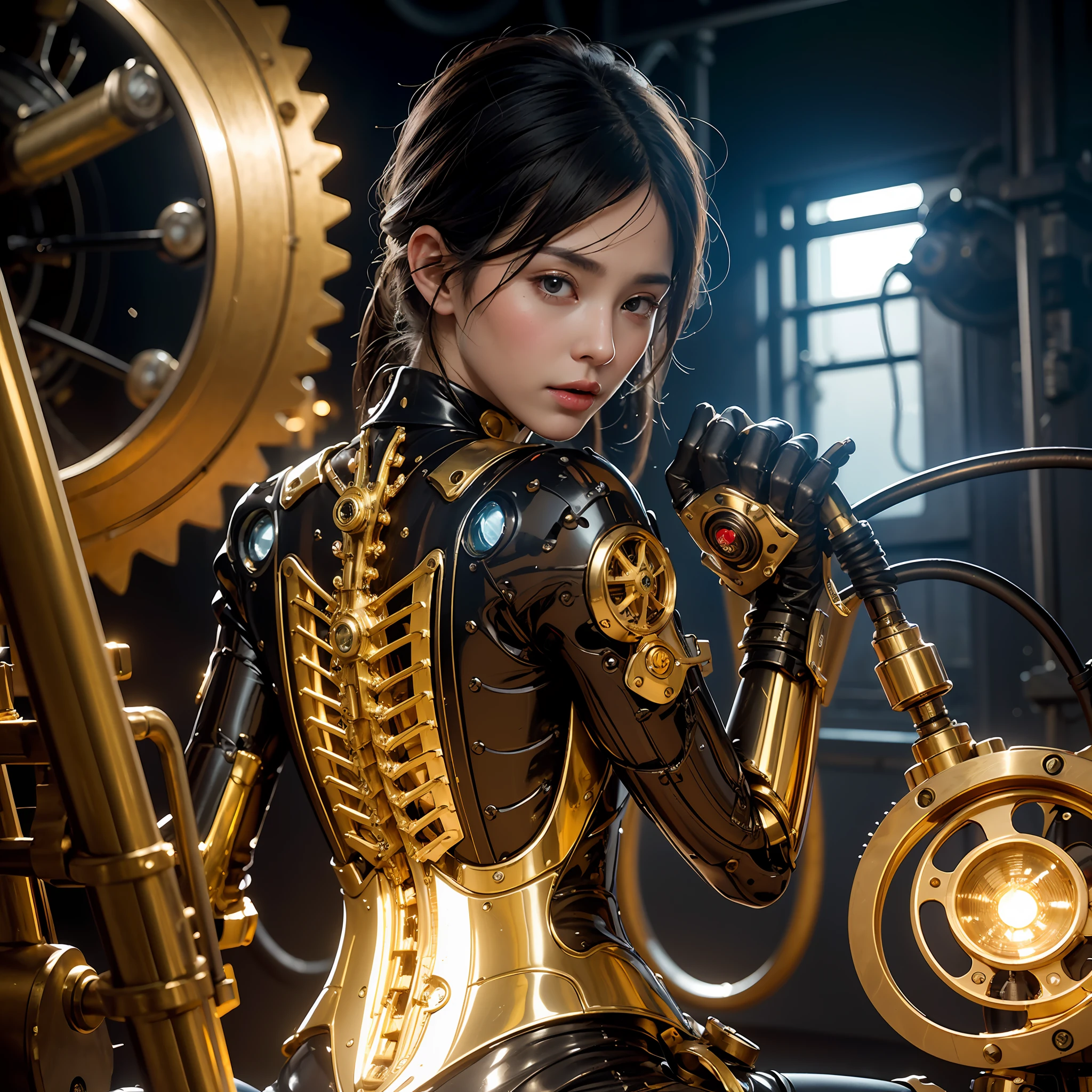 High degree of craftsmanship and quality assurance, masterpieces in the hands of top masters, extremely detailed and clear image resolution, rendered with camera-like realism, inspired by real photographs ( a mechanical girl), highly realistic details, as commemorative images, panoramic lighting effects, fine and accurate shadow representation, using advanced octane rendering technology, up to 8K resolution, extremely sharp and clear lines and details, spectacular and grand narrative, showing vivid skin details, performance of metallic materials, Fine and intricate decorative details, Steampunk style details, Depiction of details such as vacuum tubes, liquid tubes, oil pressure gauges, glass tubes, analog instruments, etc., Highlighting the details and movements of gears, Performance of gold hydraulic cylinders, Highly complex and detailed depiction, Realistic lighting effects, Following current trends in CG technology, Eyes glowing, Facing the gaze of the audience, Detailed depiction of neon details, Depiction of mechanized body parts, Depiction of blood vessels connected to catheters, Depiction of mechanized spine attached to the back, depicting a mechanical attachment attached to the neck, Presenting a sitting position, depicting wires and cables connected to the head,