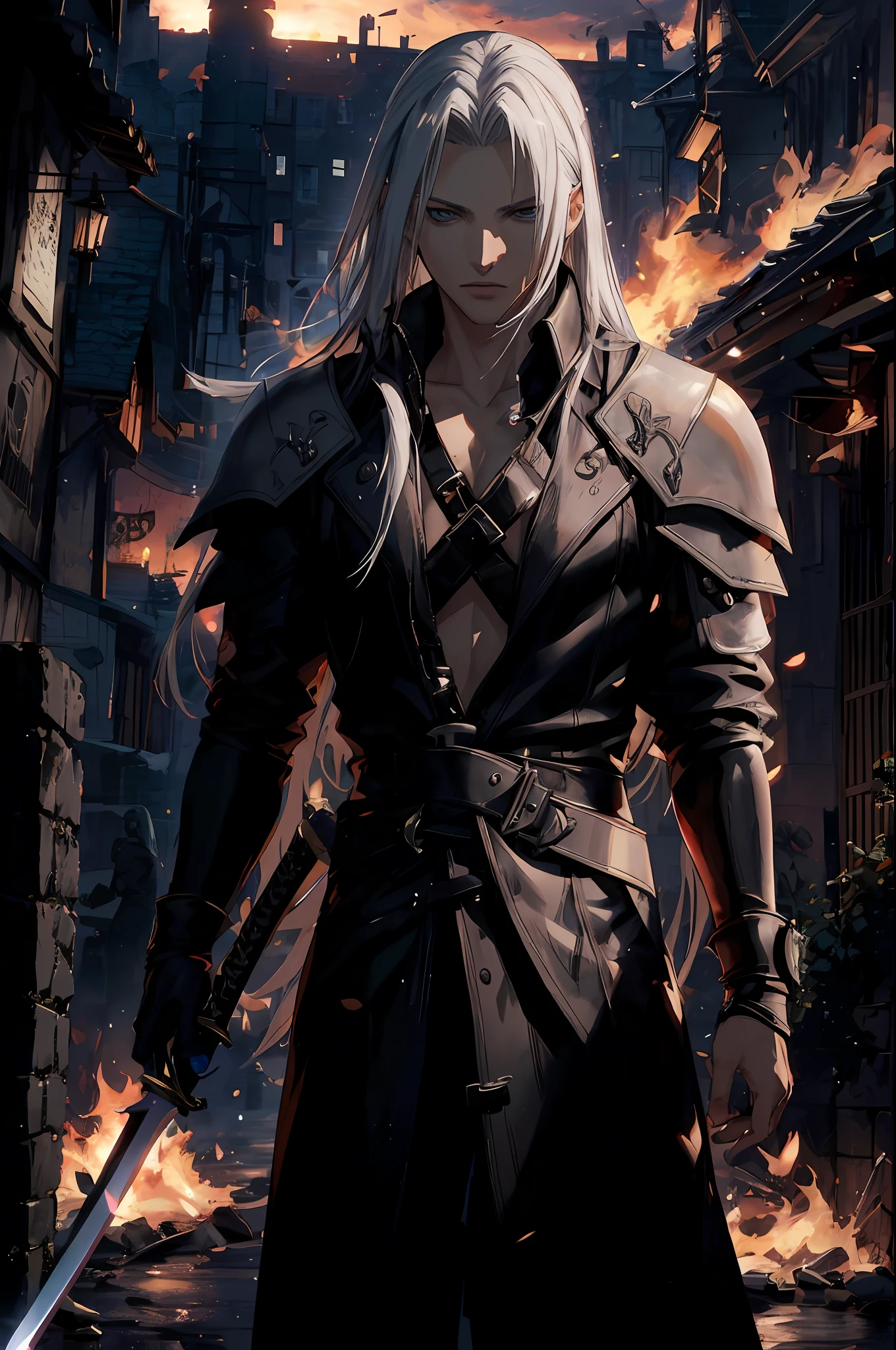 a close up of a person holding a sword in a city, sephiroth, a photo of sephiroth, thancred waters in style of wlop, sephiroth from final fantasy, thancred waters, johan liebert mixed with alucard, from final fantasy, badass anime 8 k, final fantasy character, by Yang J, from ff7