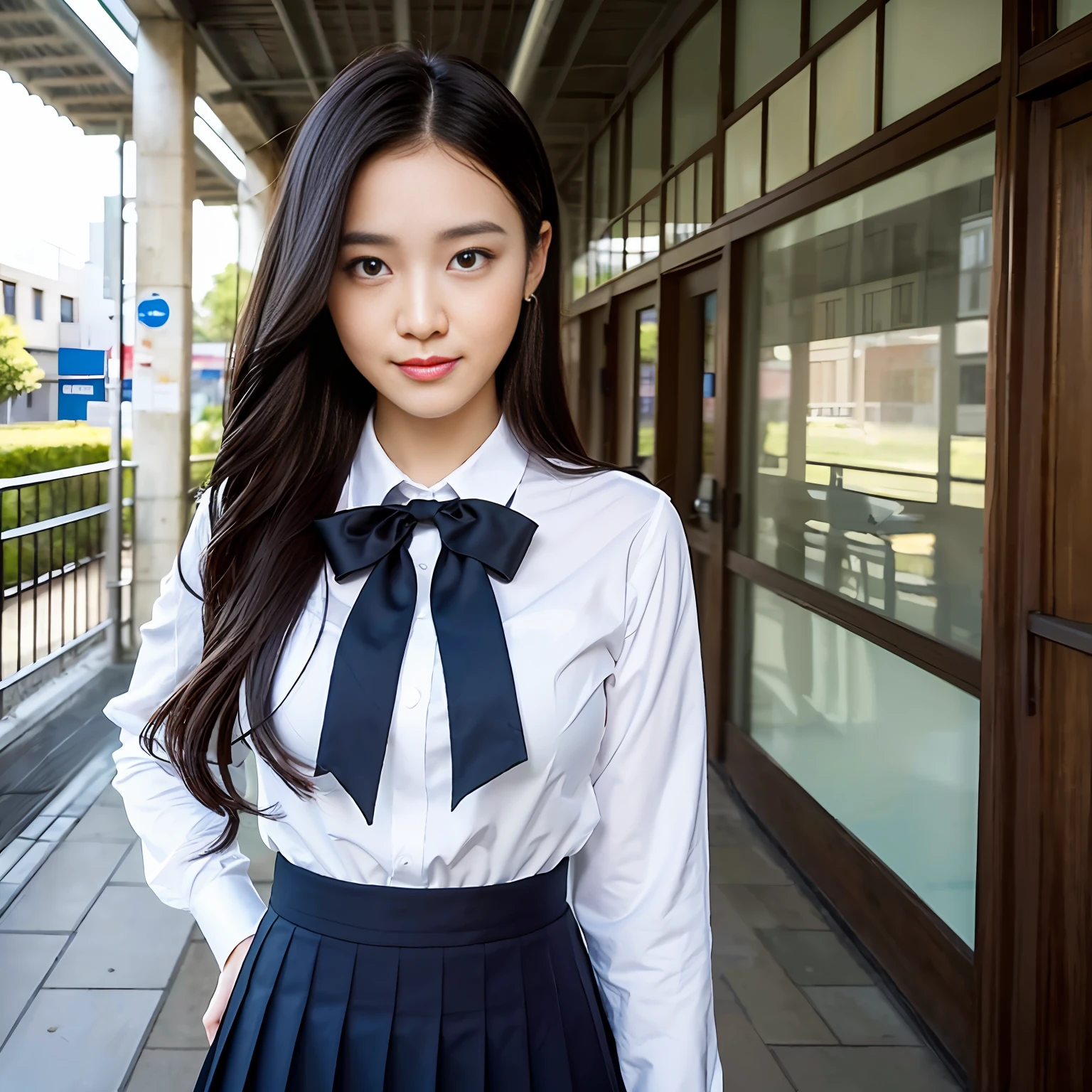 ((Top Quality, 8k, Masterpiece: 1.3)), Pretty Women with Perfect Figure: 1.4, (Big: 1.2), Highly Detailed Face and Skin Texture, Detailed Eyes, High School Students, Uniforms, Blouses, Mini Skirts, (Pose at School: 1.2), 1girl, Cinematic, Full Body, Japan Goddess, Long Hair, Smile, There Are Students, People Are Being Watched, Hands Behind Your Back