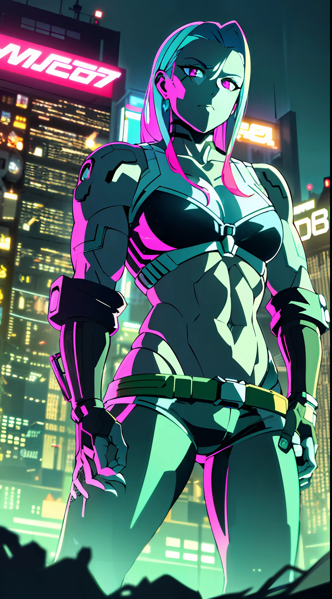 (masterpiece, detailed, high resolution:1.4), cyberpunk, cyberpunk 2077, cyberpunk night city cyberpunk background, metal cybernetic silver hand in the foreground in the frame, green-blue glitch effect around the arm, purple-pink neon glow, man, torso, long hair, eroconz, fluorescent