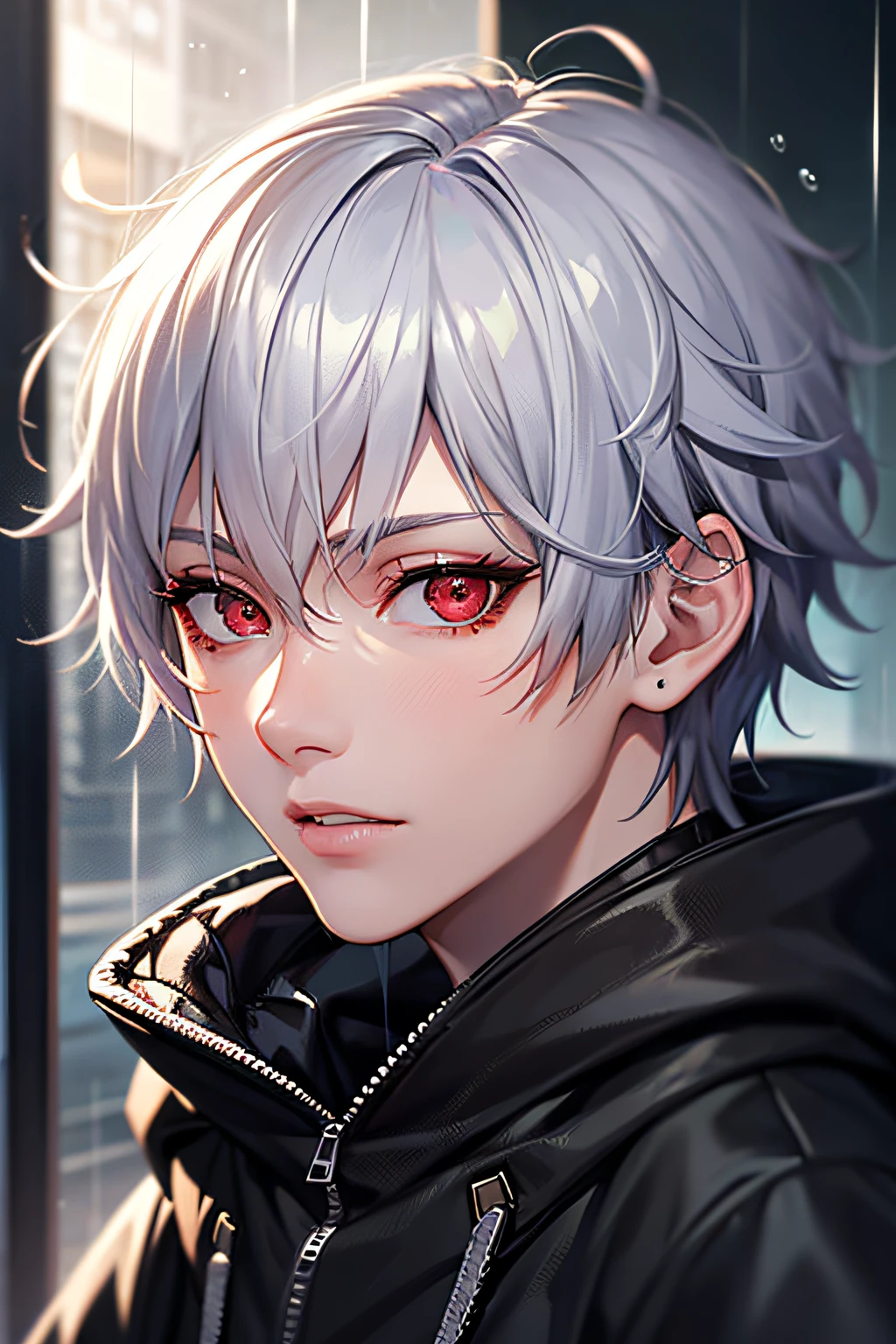 kk, best quality, more details, mastery, 1boy, kaneki ken, portrait, male focus, red eyes, solo, bangs, looking at viewer, hood, short hair, rain, tokyo tokyo \(city\), ,nail polish, gray hair, luxury, 8k, detail, ray tracing, depth of field, cinema lighting,