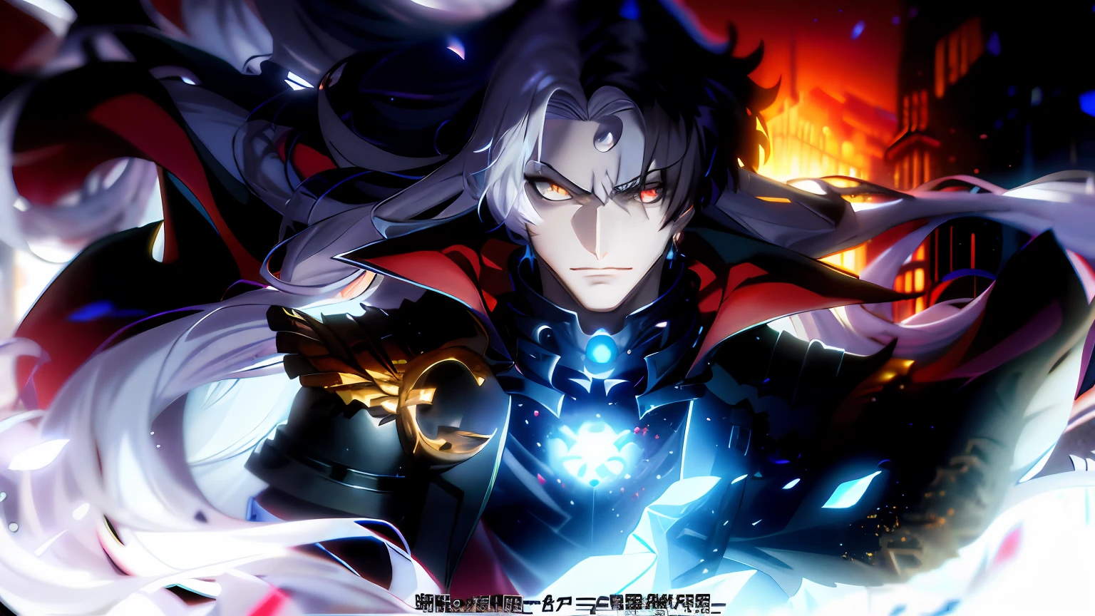 anime character with red eyes and a blue coat, key anime art, detailed key anime art, tall anime guy with blue eyes, handsome guy in demon slayer art, inspired by Okumura Masanobu, zerochan art, shigenori soejima illustration, anime concept hdr anime macmanus, fate grand order, prince crown of black gears
