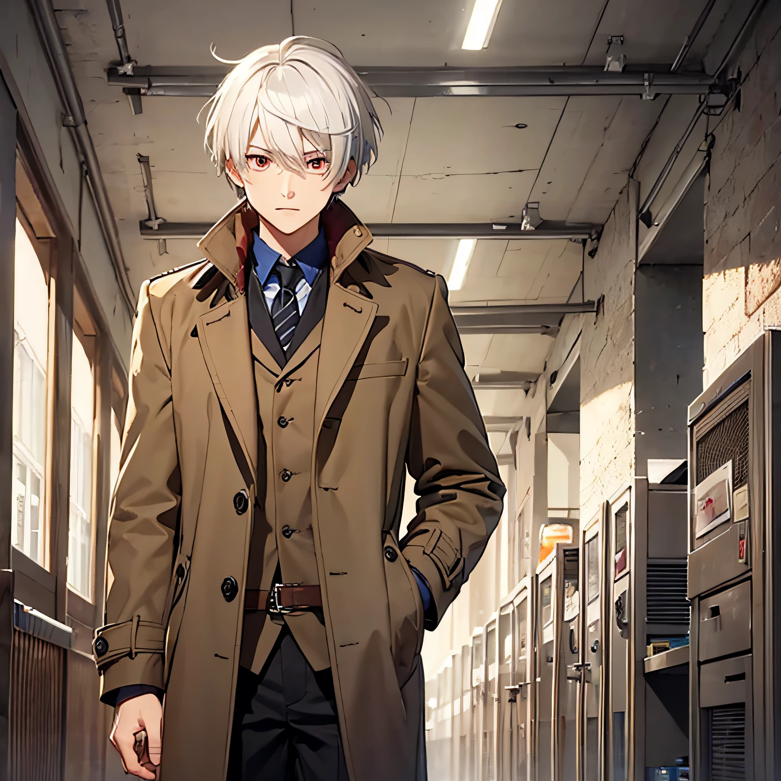 light brown overcoat, short hair, white hair, long bangs, spiky bangs, goosebump hair, red eyes, vibrant eyes, young boy, especially all body, especially, investigative office, 50's