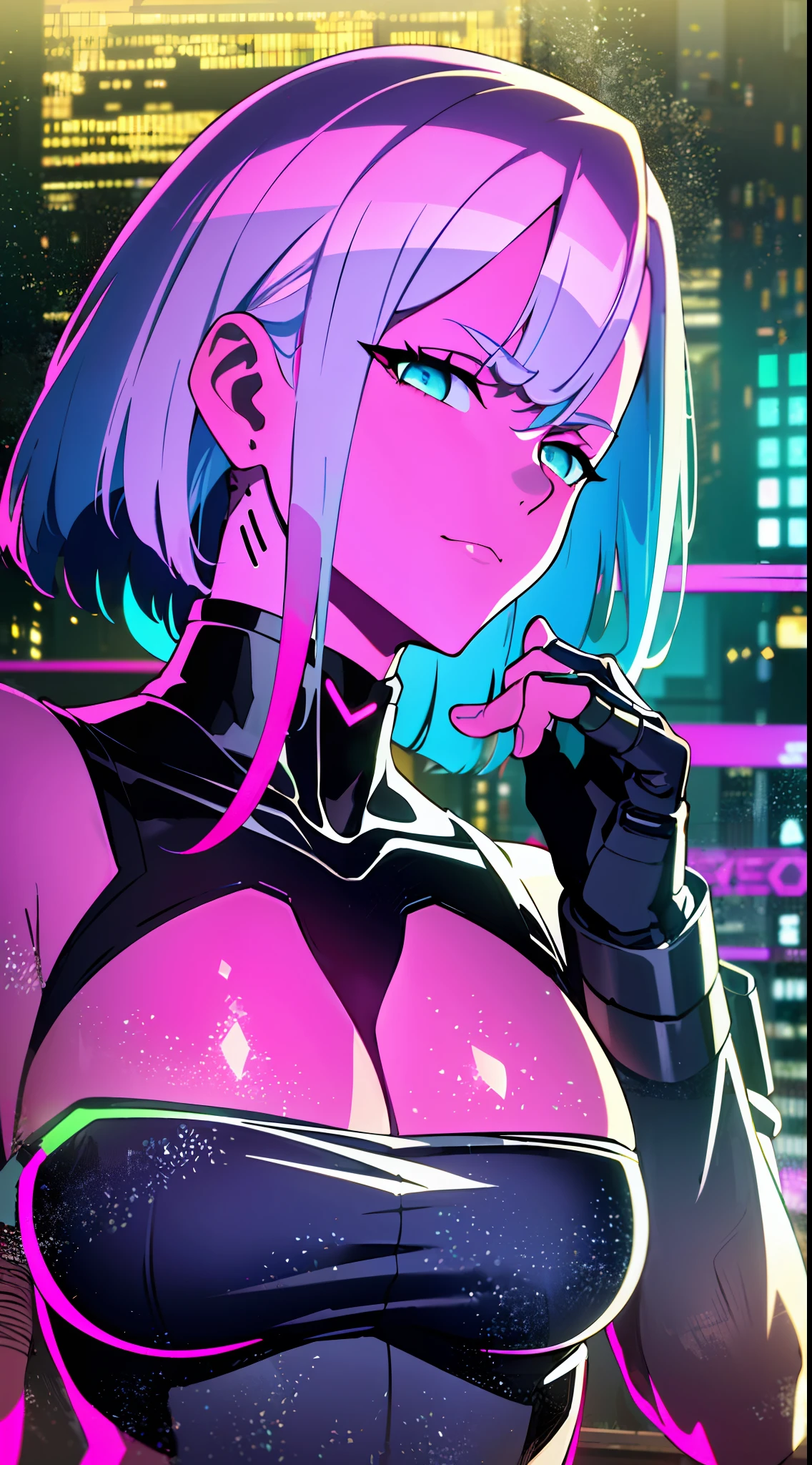 (masterpiece, detailed, high resolution:1.4), cyberpunk, cyberpunk 2077, cyberpunk night city cyberpunk background, metal cybernetic silver hand in the foreground in the frame, green-blue glitch effect around the hand, purple-pink neon glow, Lucy, torso, fluorescent