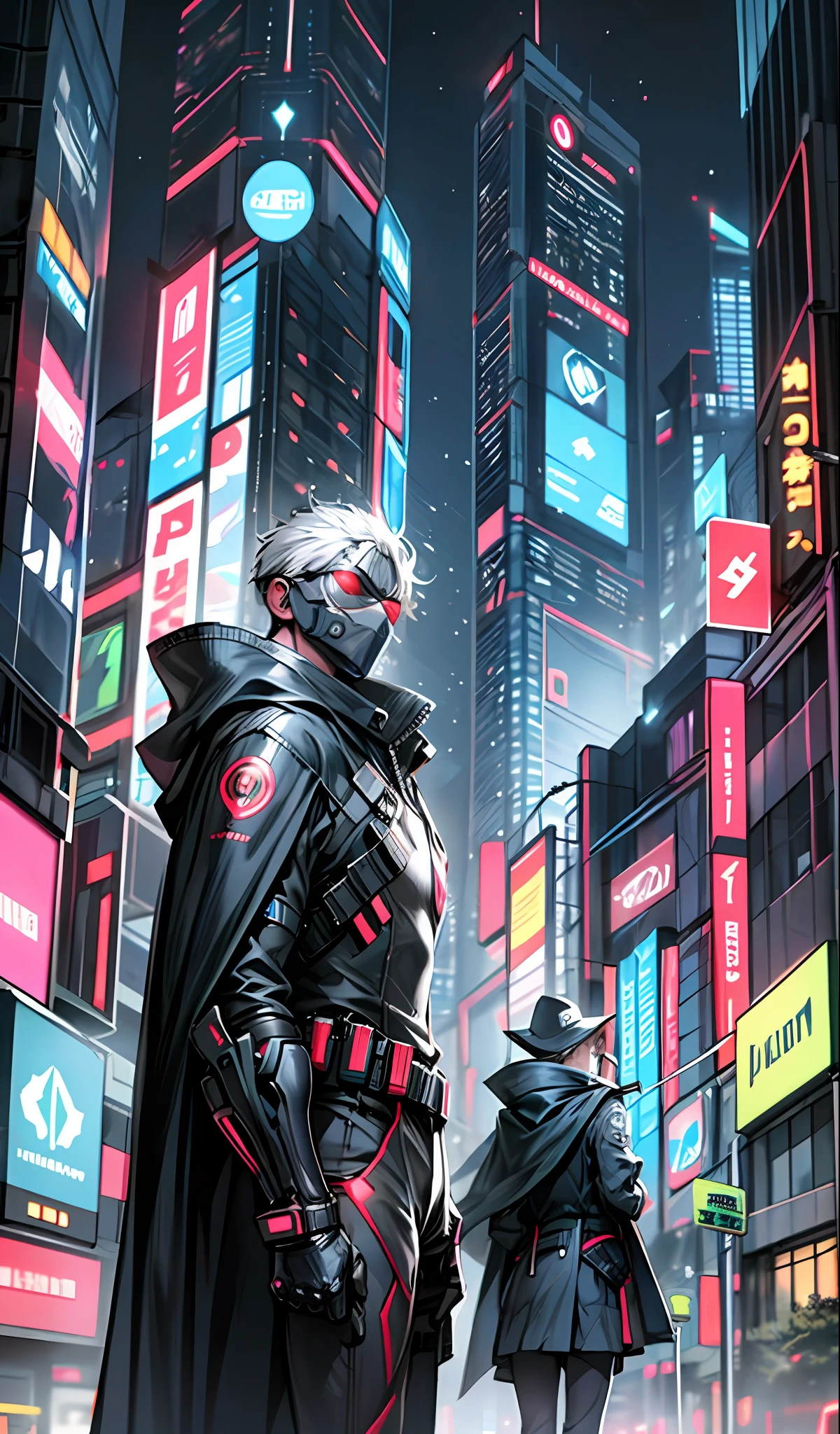Robort Derpd Ranger working for the megacorporation Scifi, elite corporate enforcer patrolling the streets, wearing detailed multicolored cloaks cape, corporate offices, cyberpunk scene, busy street, neon lights