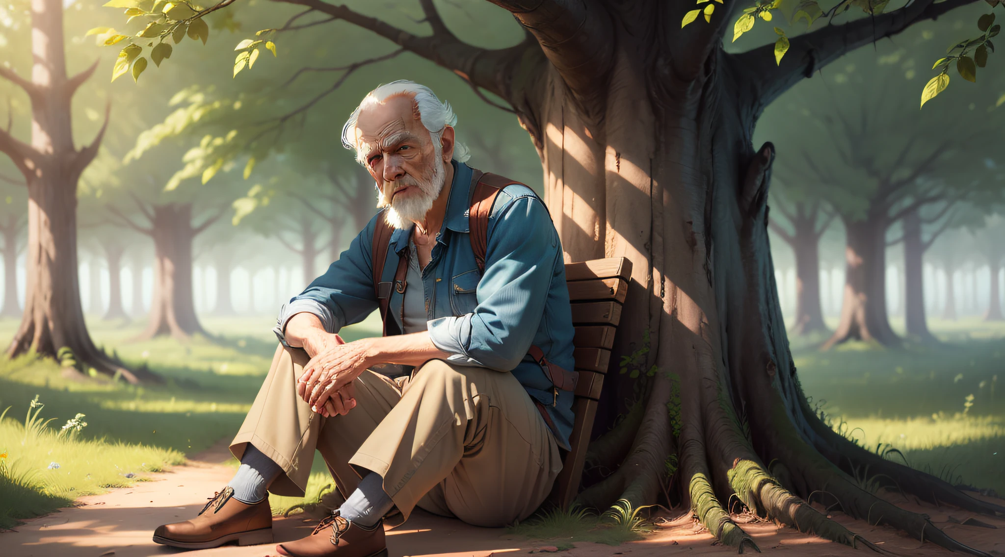 Drawing, ultra realistic, 8k, extremely detailed, in the best quality, an old man, wise, sitting under a tree, looking at the camera, in a beautiful forest during a sunny day
