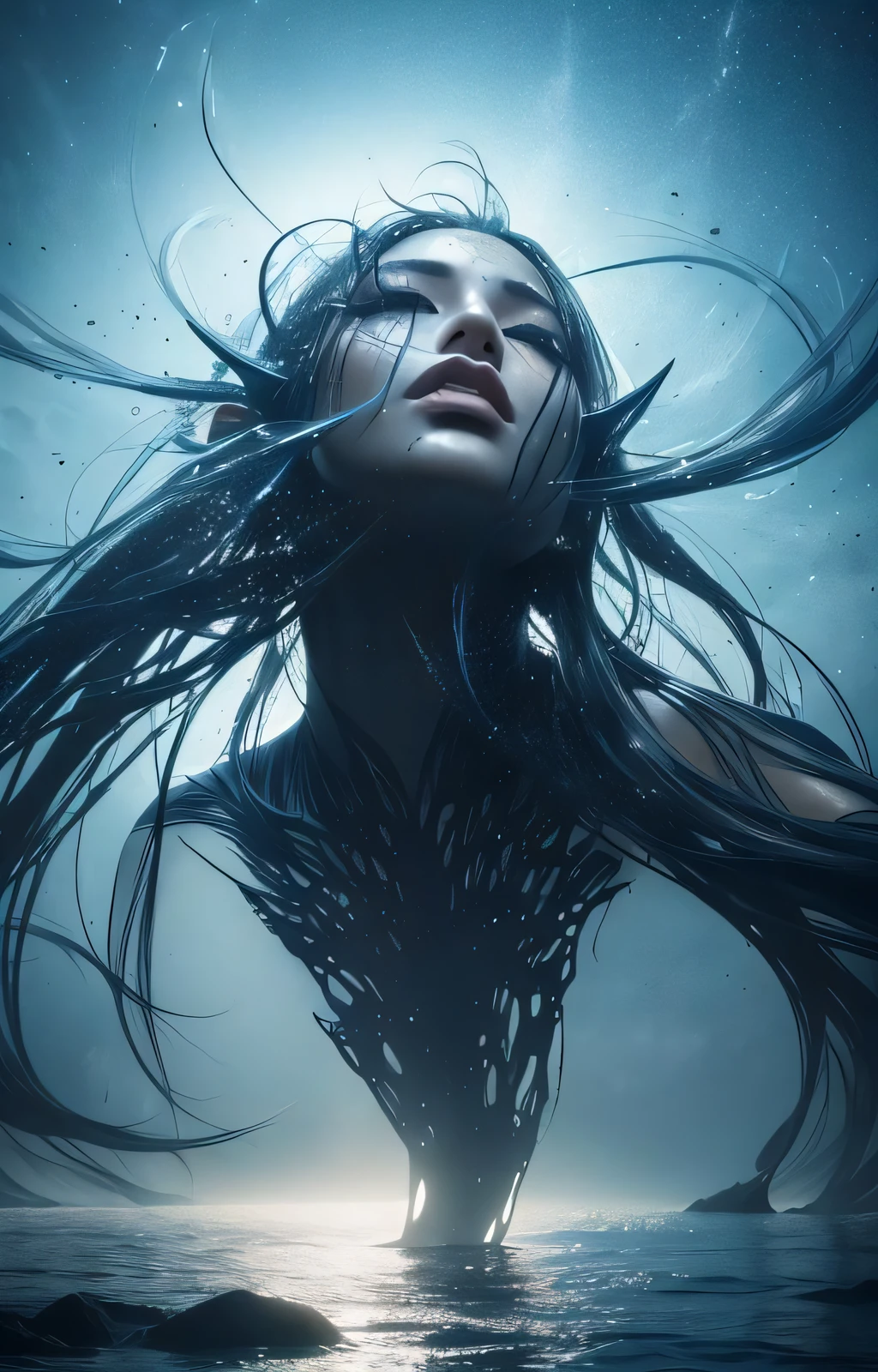 ultra detailed artistic photography of a beautiful woman floating on the surface of water of a lake, depicted as if she is lying on the bed of water, photograph taken from a high angle, detailed symmetric circular iris, wet, drops of water on the face and body, ripple effect on water, natural body posture, rain, midnight aura, night sky, detailed gorgeous face, dreamy, glowing, backlit, glamour, glimmer, shadows, oil on canvas, brush strokes, smooth, ultra high definition, 8k, unreal engine 5, ultra sharp focus, art by alberto seveso, artgerm, loish, sf, intricate artwork masterpiece, ominous, matte painting movie poster, golden ratio, trending on cgsociety, intricate, epic, trending on artstation, by artgerm, h. r. giger and beksinski, TanvirTamim, highly detailed, vibrant, production cinematic character render, ultra high quality model