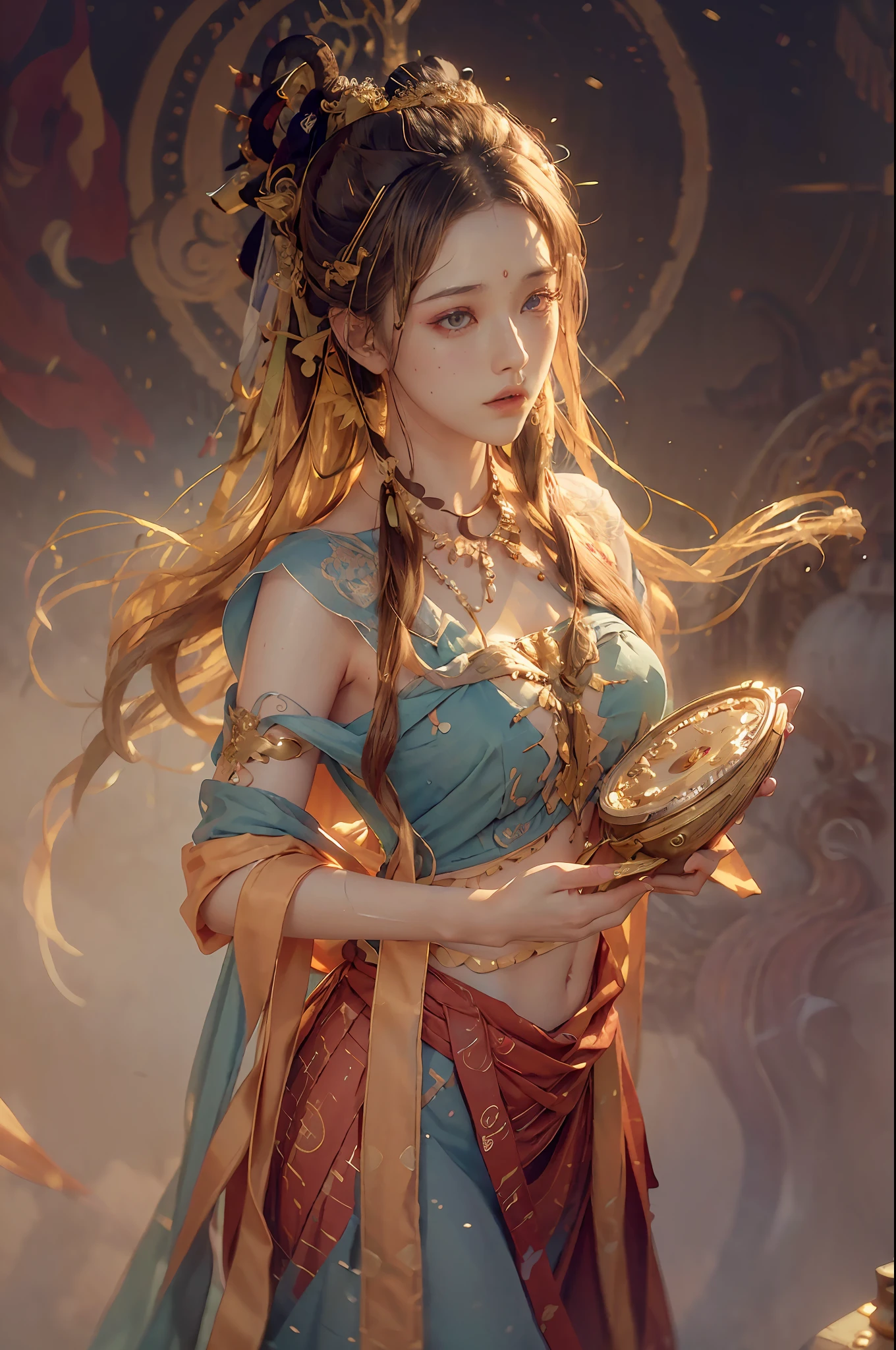 (RAW photo, best quality), (realistic, photo-realistic:1.3),best quality,highly detailed,masterpiece,ultra-detailed,illustration,1girl,upper_body,dynamic angle,world masterpiece theater,messy_long_hair,best quality,extremely detailed CG unity 8k wallpaper,ink,Amazing,cinematic lighting,lens_flare,,dunhuang_style
