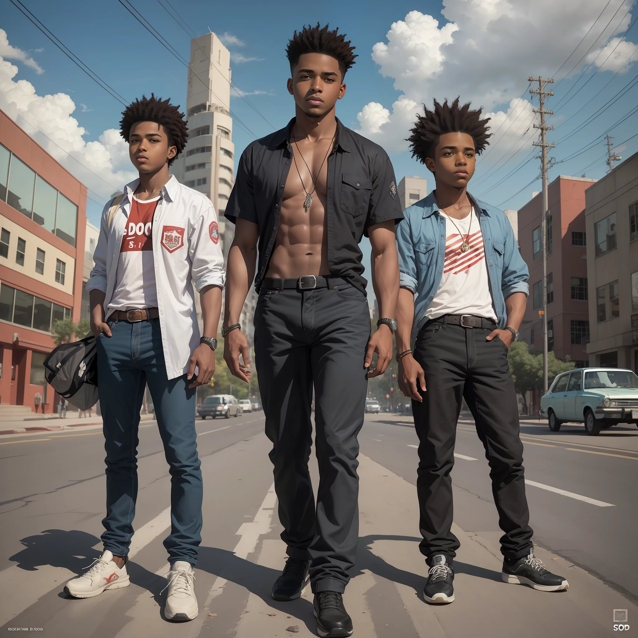 #SOD#"Hand-drawn cover for school male-themed rock album of older s set in 1990s America, with corporate black race identity and rich color Afro American boys."
#EOD#