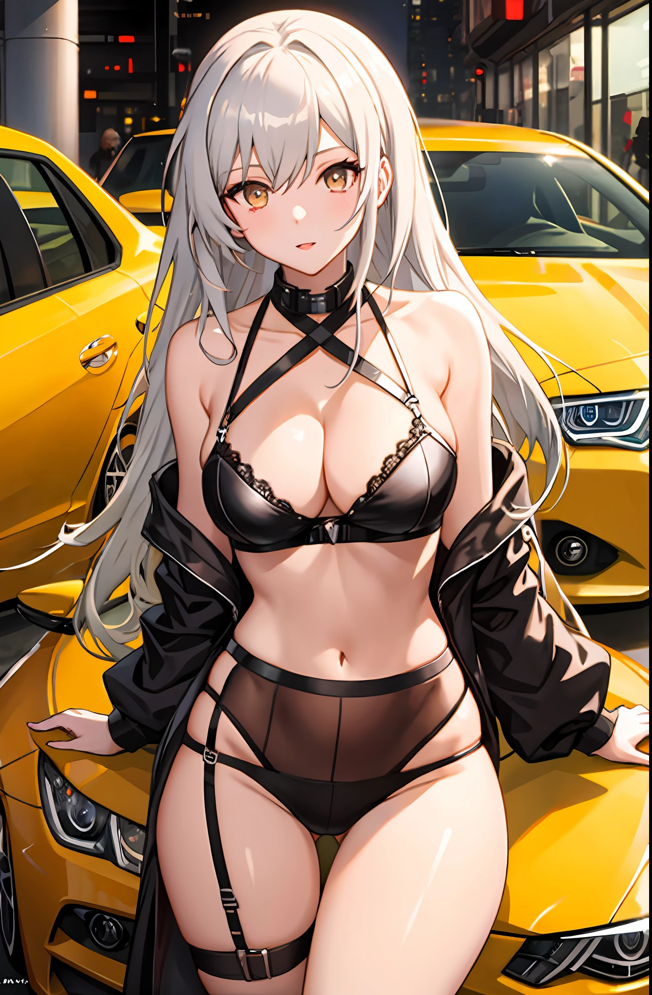 anime girl in lingerie posing next to a car with a yellow car, trending on artstation pixiv, from girls frontline, top rated on pixiv, seductive anime girl, guweiz on pixiv artstation, guweiz on artstation pixiv, fine details. girls frontline, from arknights, pixiv 3dcg, m4 sopmod ii girls frontline