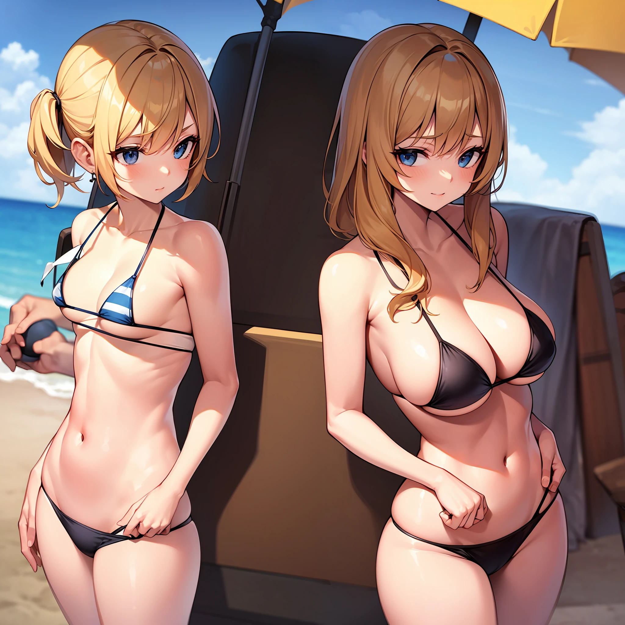 Blonde with big tits, big thighs, small bikini, on the beach
